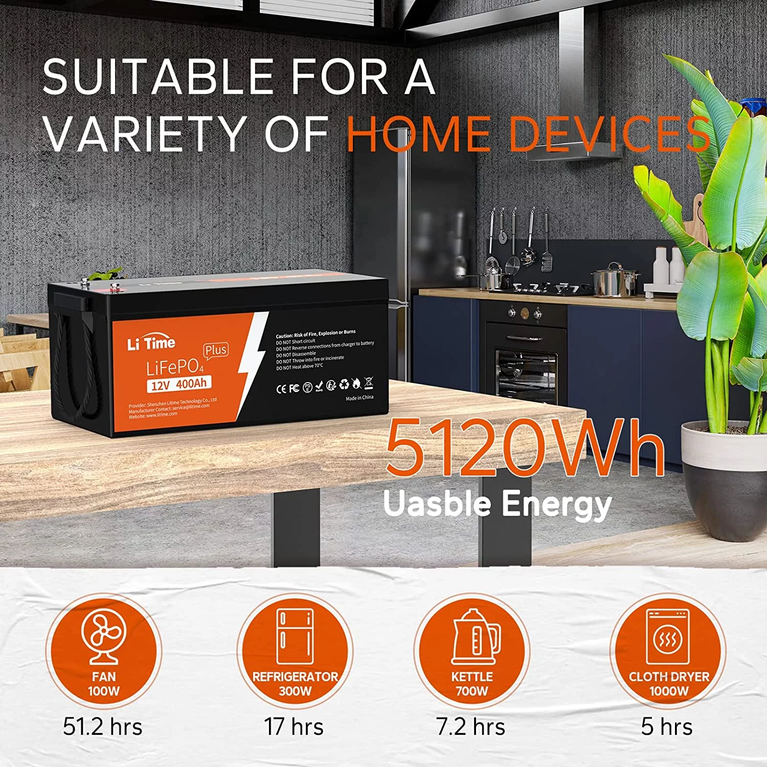 LiTime 12V 400Ah Lithium Battery, 3200W Max. Load Power LiFePO4 Battery with 250A BMS, 5120Wh Usable Energy for RV, Home Solar System