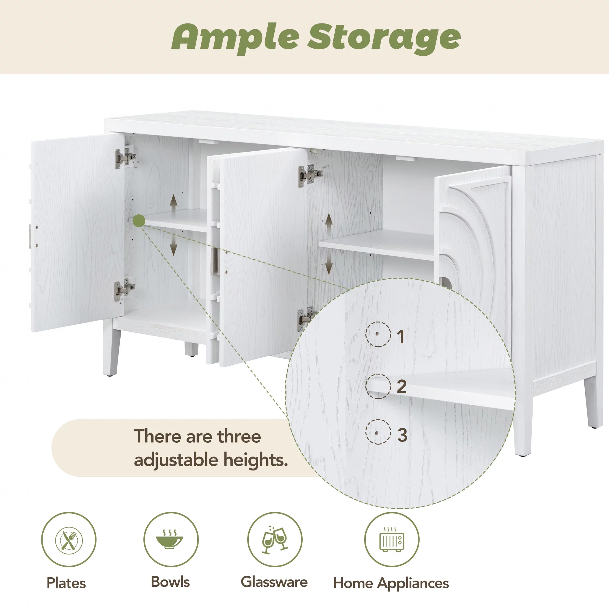 Storage Cabinet, Farmhouse Buffet Sideboard, Buffet Cabinet, Storage Cabinet with 4 Rattan Doors and Adjustable Shelves, Heavy Duty Cabinet Furniture for Living Room Kitchen Dining Room, Black