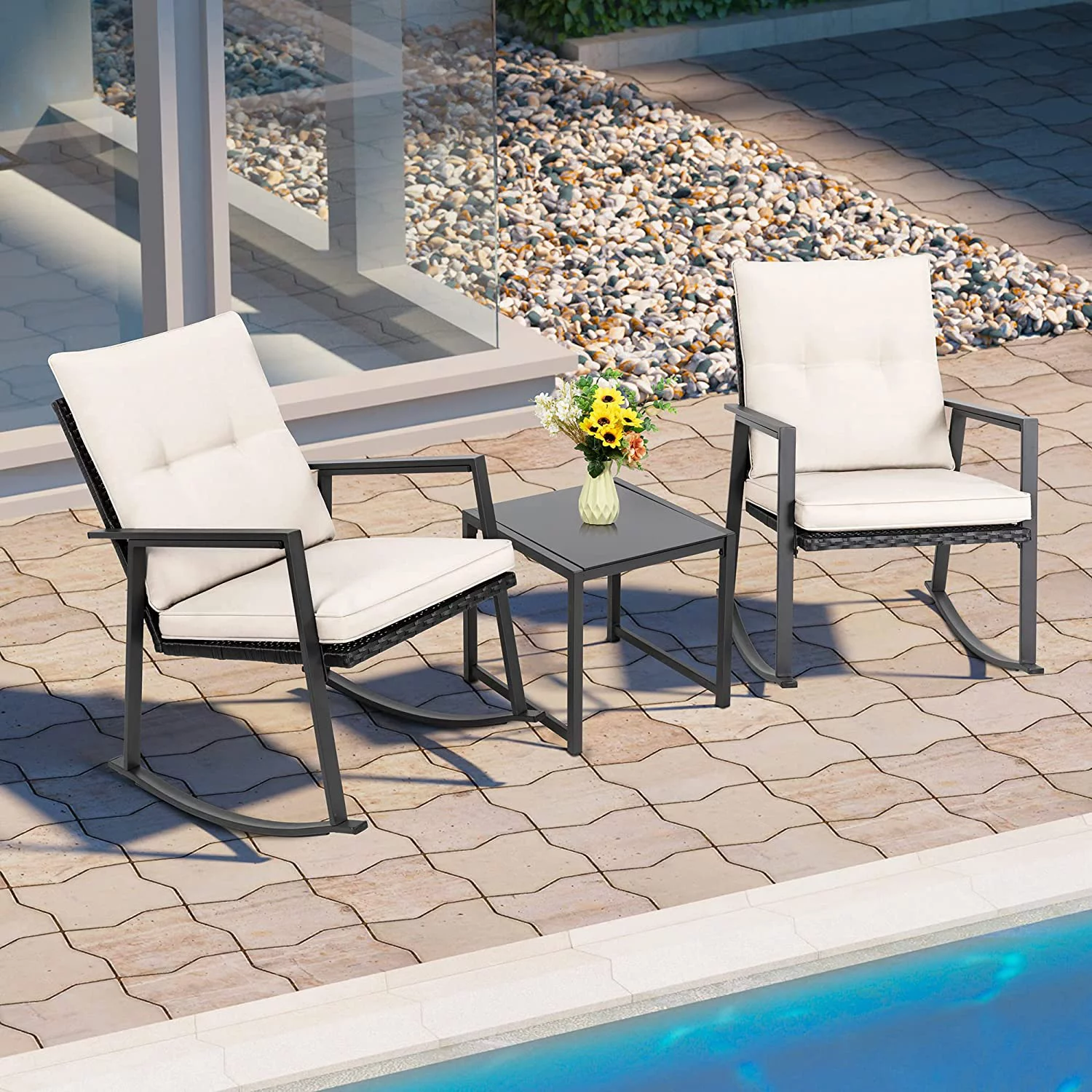 Shintenchi 3 Pieces Rocking Bistro Set Wicker Patio Outdoor Furniture, 2 Rattan Porch Chairs Conversation Sets with Glass Coffee Table (Beige)