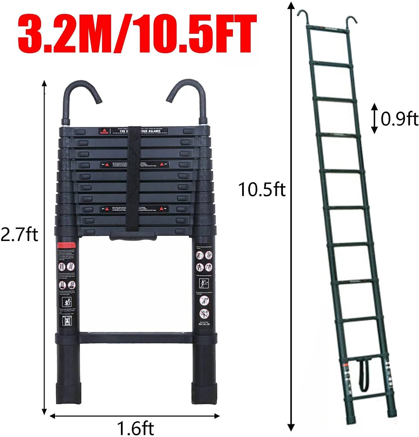 Telescoping Ladder with 2 Detachable Roof Hooks, 10 FT Aluminum Extension Ladder Step Ladders Loft Ladder Attic Ladder Collapsible Ladders for Home, Multi-Purpose Telescopic Ladder, 330 lb Capacity