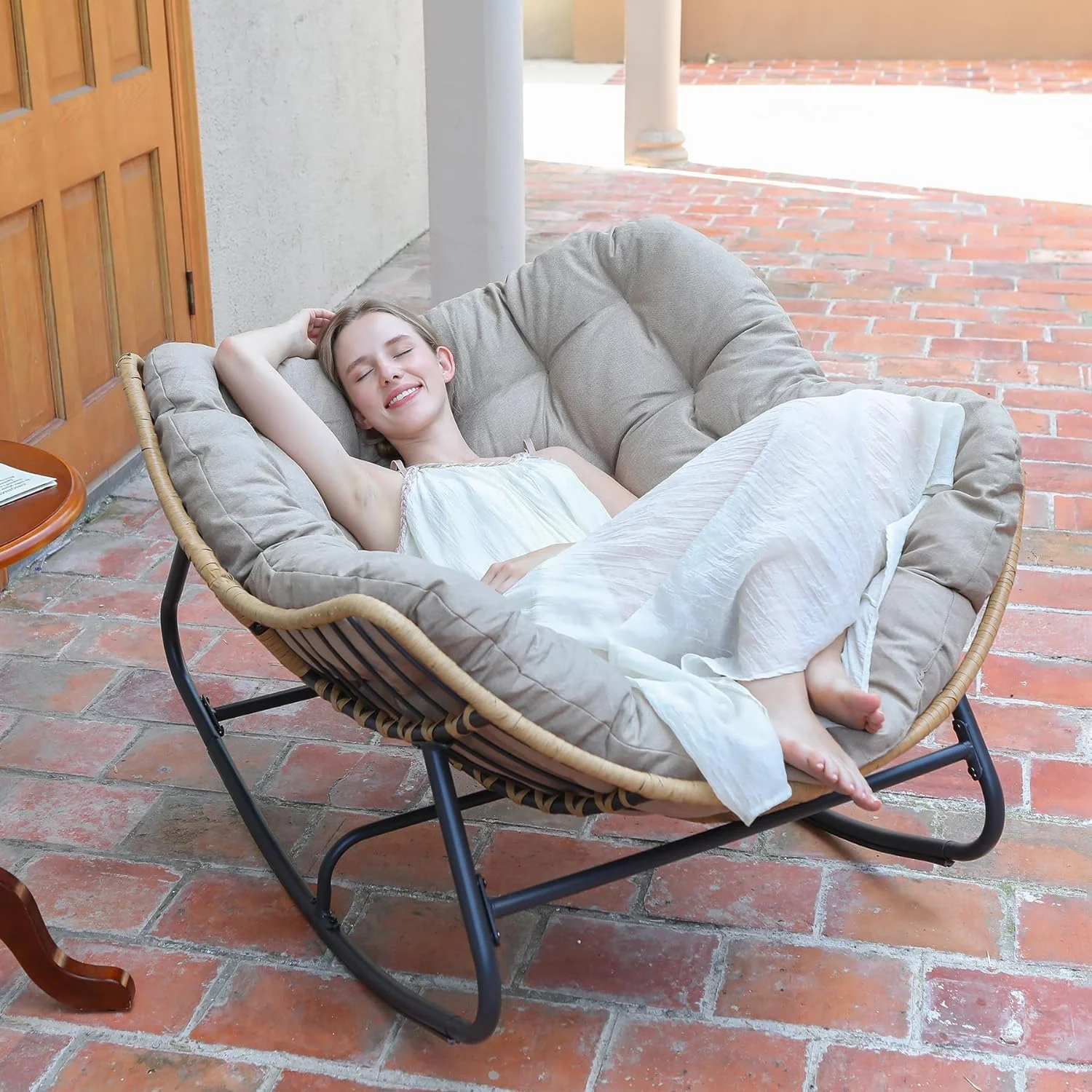 SWITTE Outdoor Rocking Chair, Patio Egg Rocking Chair, Indoor Papasan Chair, Rattan Wicker Lounge Chair, Modern Royal Chair for Bedroom, Living Room, Porch, Garden, Lawn-Blue