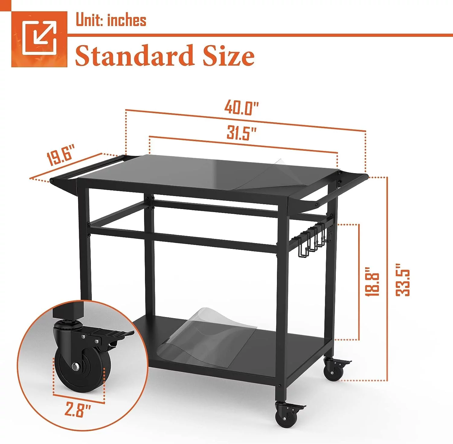 RAXSINYER Movable Grill Table, Double-Shelf Outdoor BBQ Grill Cart, Rolling Kitchen Dining Cart, Black