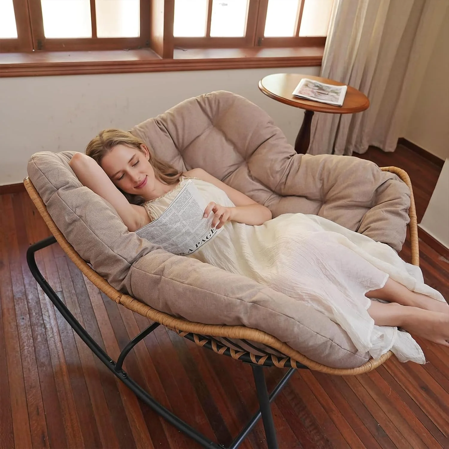 SWITTE Outdoor Rocking Chair, Patio Egg Rocking Chair, Indoor Papasan Chair, Rattan Wicker Lounge Chair, Modern Royal Chair for Bedroom, Living Room, Porch, Garden, Lawn-Blue