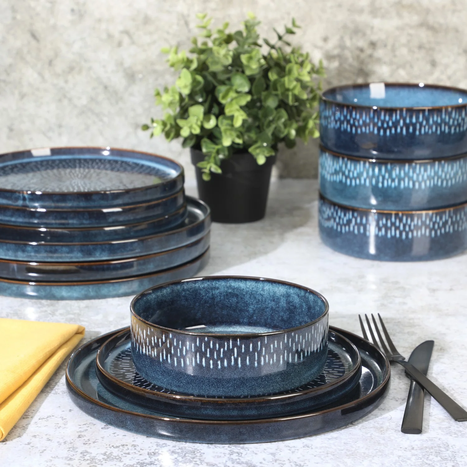 Gibson Elite 12 Piece Matisse Moderna Stoneware Reactive Glaze Dinnerware Set - Cobalt Blue