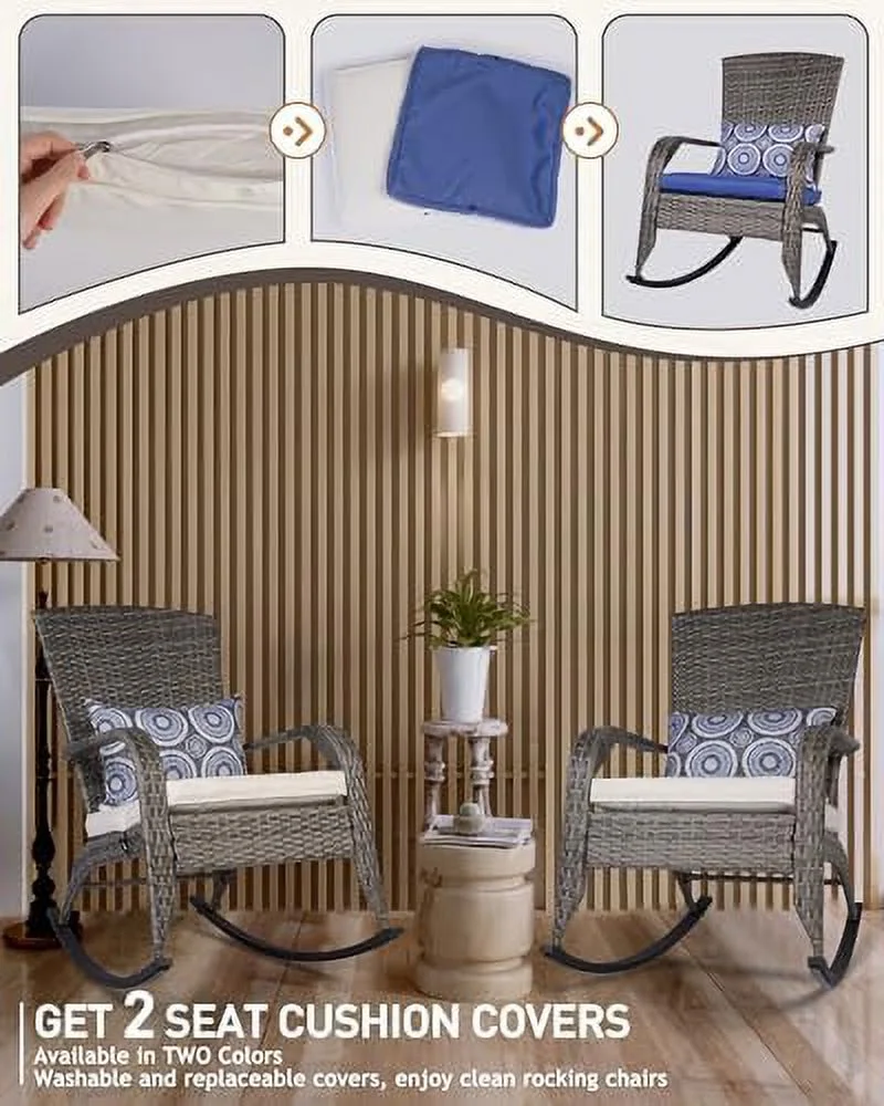 CHIOPKM Patio Rocking Chair- Wicker Rocking Chairs Outdoor with Cushions and Pillow  All-Weather Outdoor Rocker Chair with 2 Replaceable Cushion Covers (White & Blue) 350lbs
