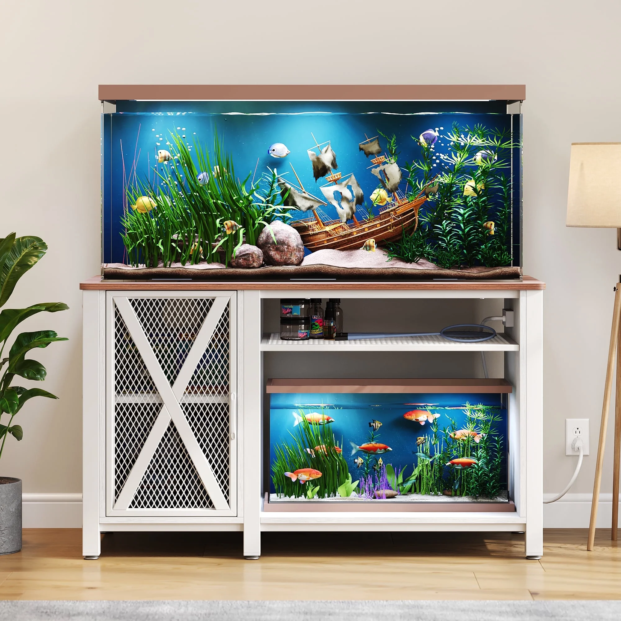 DWVO 55-75 Gallon Fish Tank Stand Heavy Duty Metal Aquarium Stand with Cabinet and Power Outlets, 865lbs Capacity - White