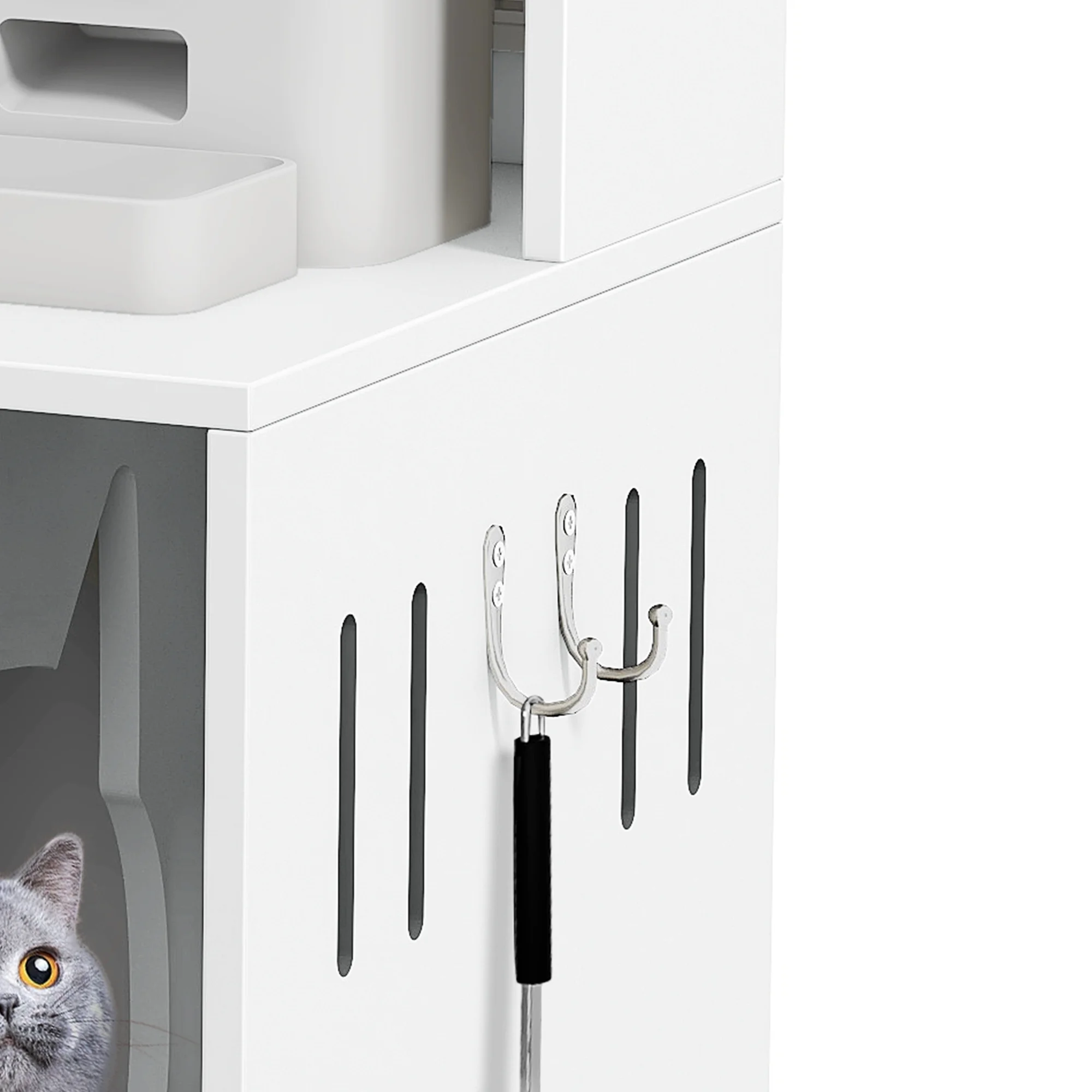 Dextrus Large Hidden Cat Litter Box Furniture With Charging Station and 3 Storage Shelves and Doors, Cat Litter Box Enclosure, Wood Cat Washroom Storage Indoor Cat House Furniture , White & Gold