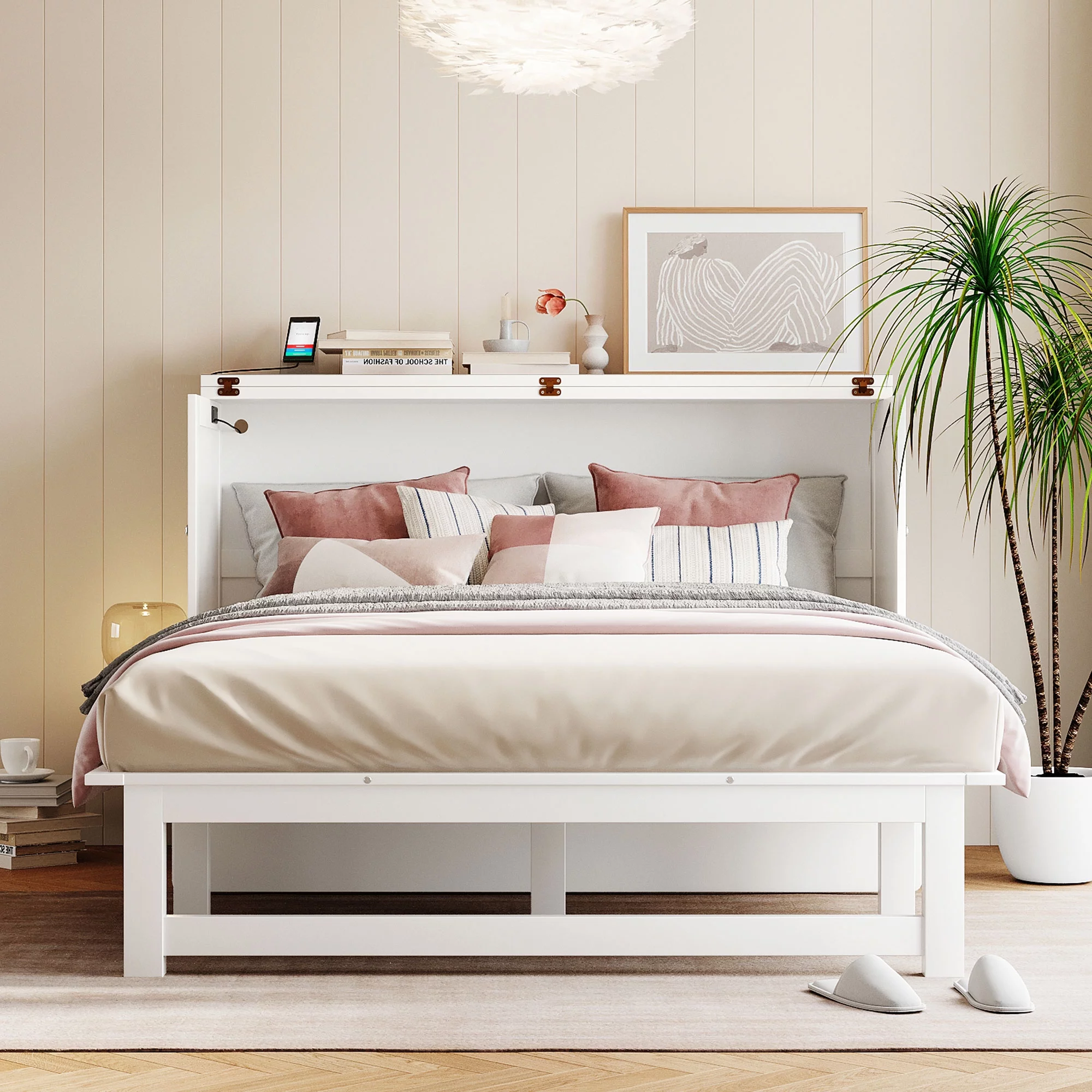 Churanty Queen Size Murphy Bed Wall Beds with USB Port and Shelves,Wood Mobile Murphy Chest Bed Cabinet Bed,White