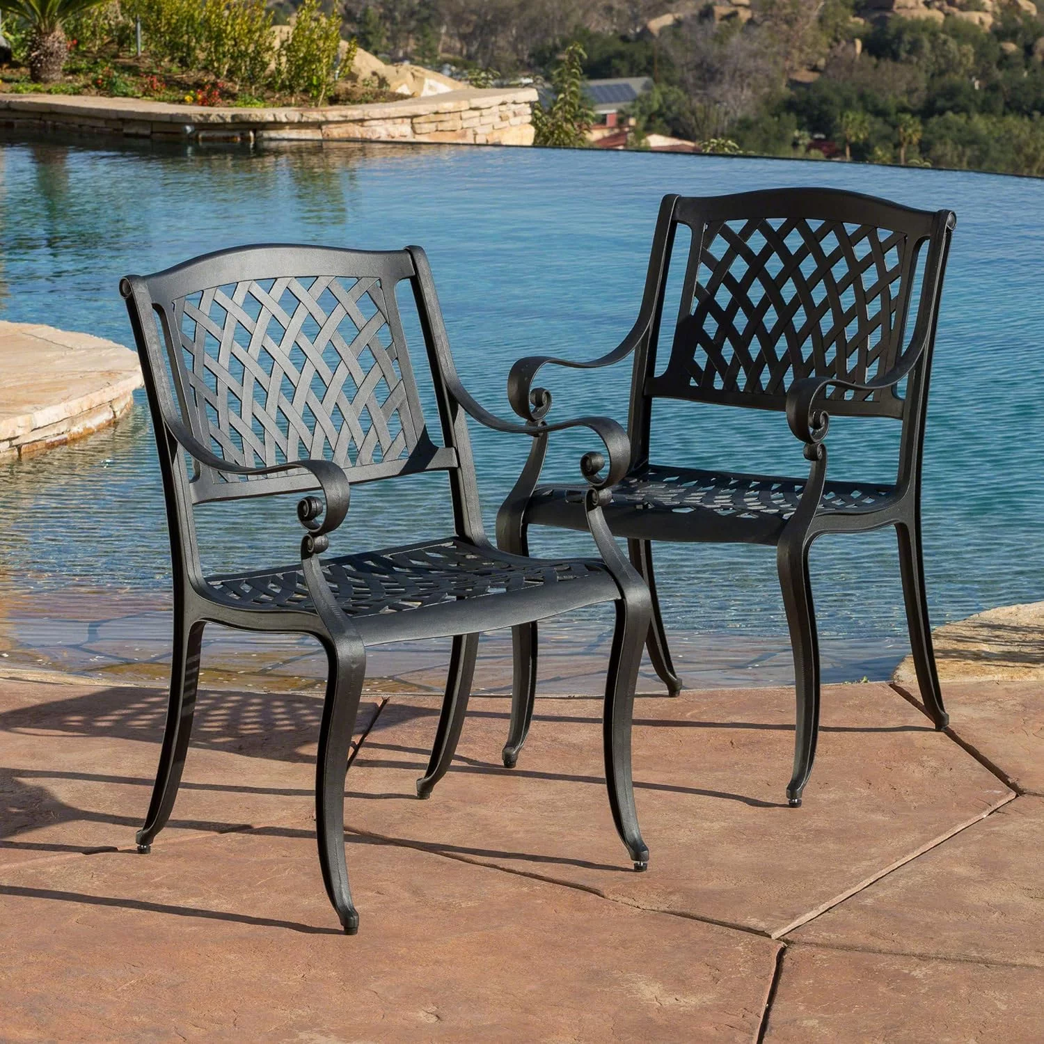 Hallandale Outdoor Cast Aluminum Chairs, 2-Pcs Set, Antique Matte Black