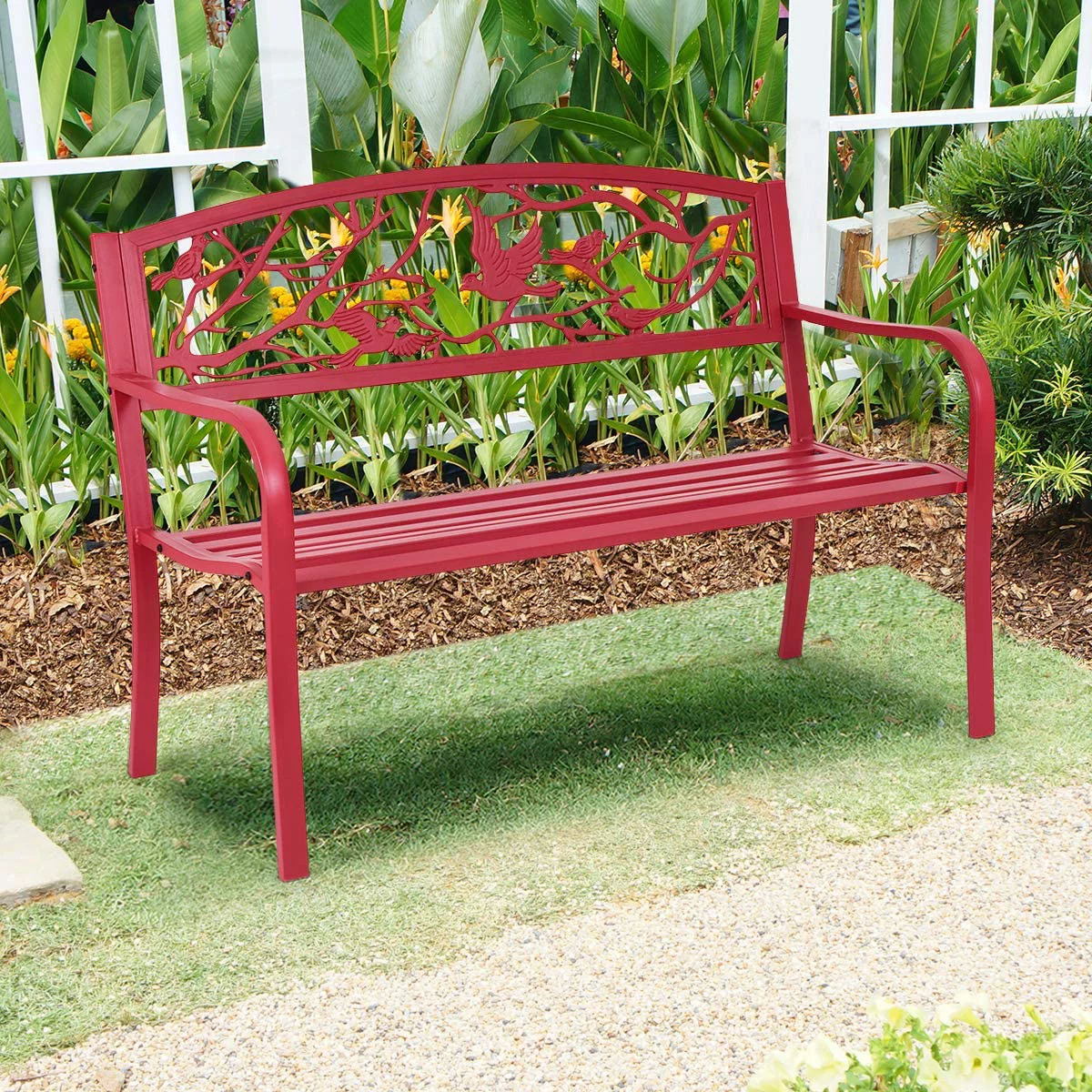 Patio Garden Bench Park Yard Outdoor Furniture Cast Iron Porch Chair (Red)