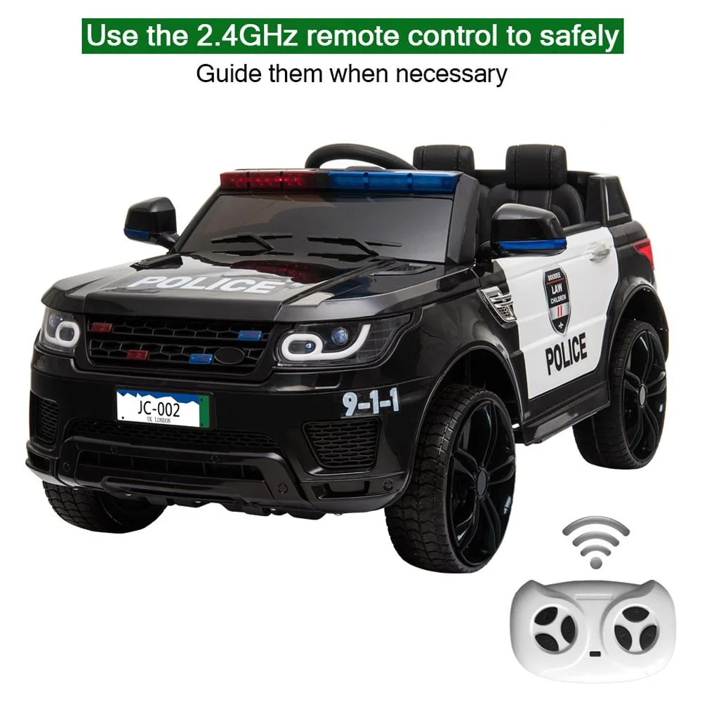 Track 7 Kids Ride on Police Car, 12V Electric Car for Boys Girls Age 3+, Flashing Siren, Microphone, Remote Control, Black