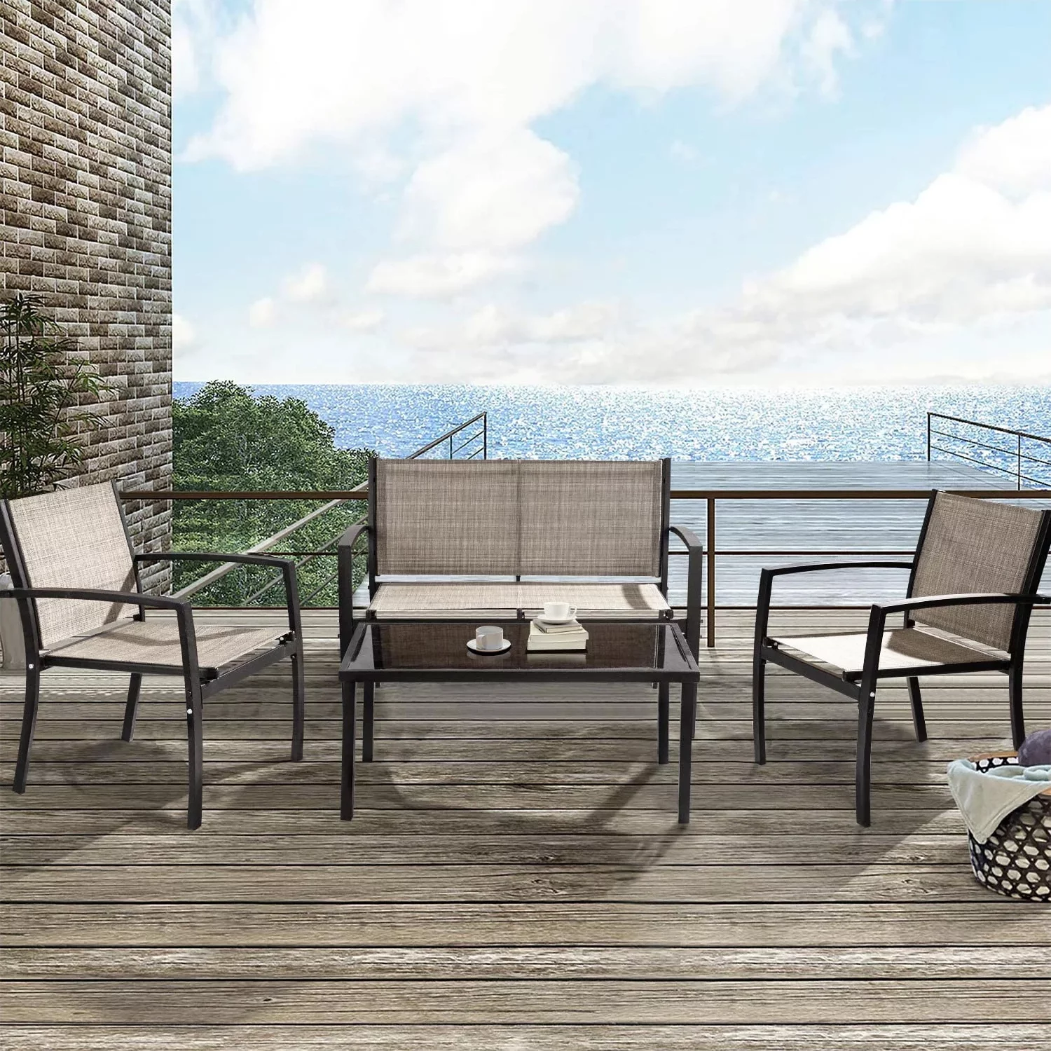 Vineego 4 Pieces Patio Furniture Outdoor furniture Modern Conversation Set Black Bistro Set, Beige, Steel