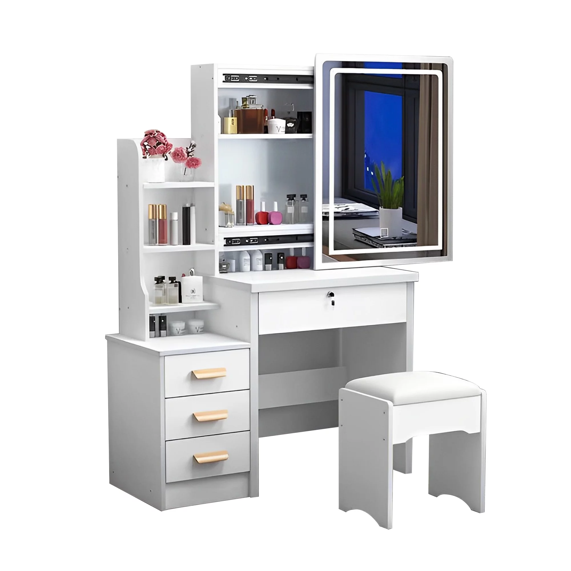 Homiyad Fashion Vanity Desk with Mirror and Lights for Makeup and Chair, Vanity Mirror with Lights and Table Set with 3 Color Lighting Brightness Adjustable, 4 Drawers, White Color