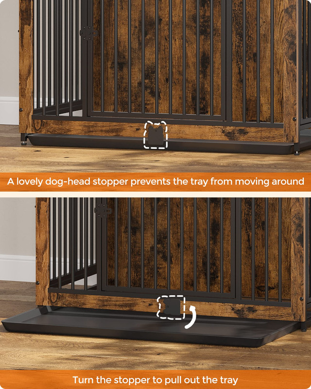 Dog Crate Furniture, 38 Inches Dog Kennel for Dogs up to 70 lb, with Removable Tray, Heavy-Duty Dog Cage End Table, Double Doors Dog House, Rustic Brown