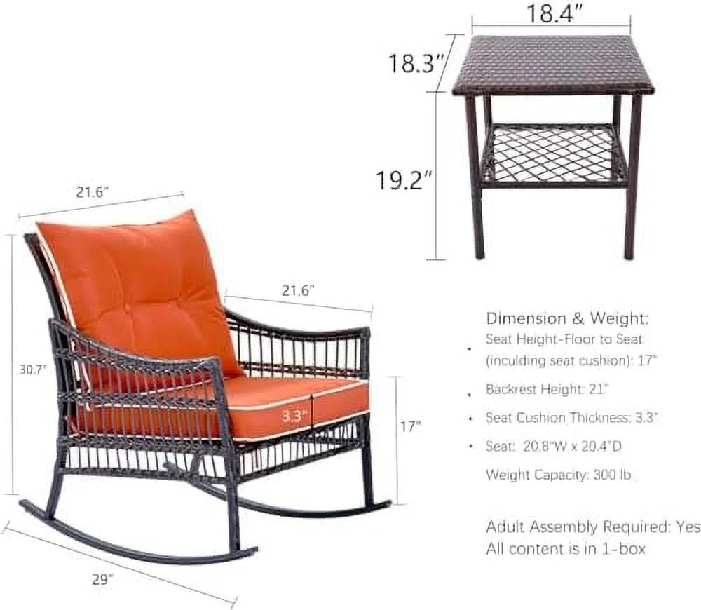 LNSETGC Outdoor Rocking Chairs  3 Pieces Patio Conversation Set  Wicker Rocking Chairs  with Coffee Table  Front Porch  for Garden and Balcony (Brown Rattan Beige Cushion)