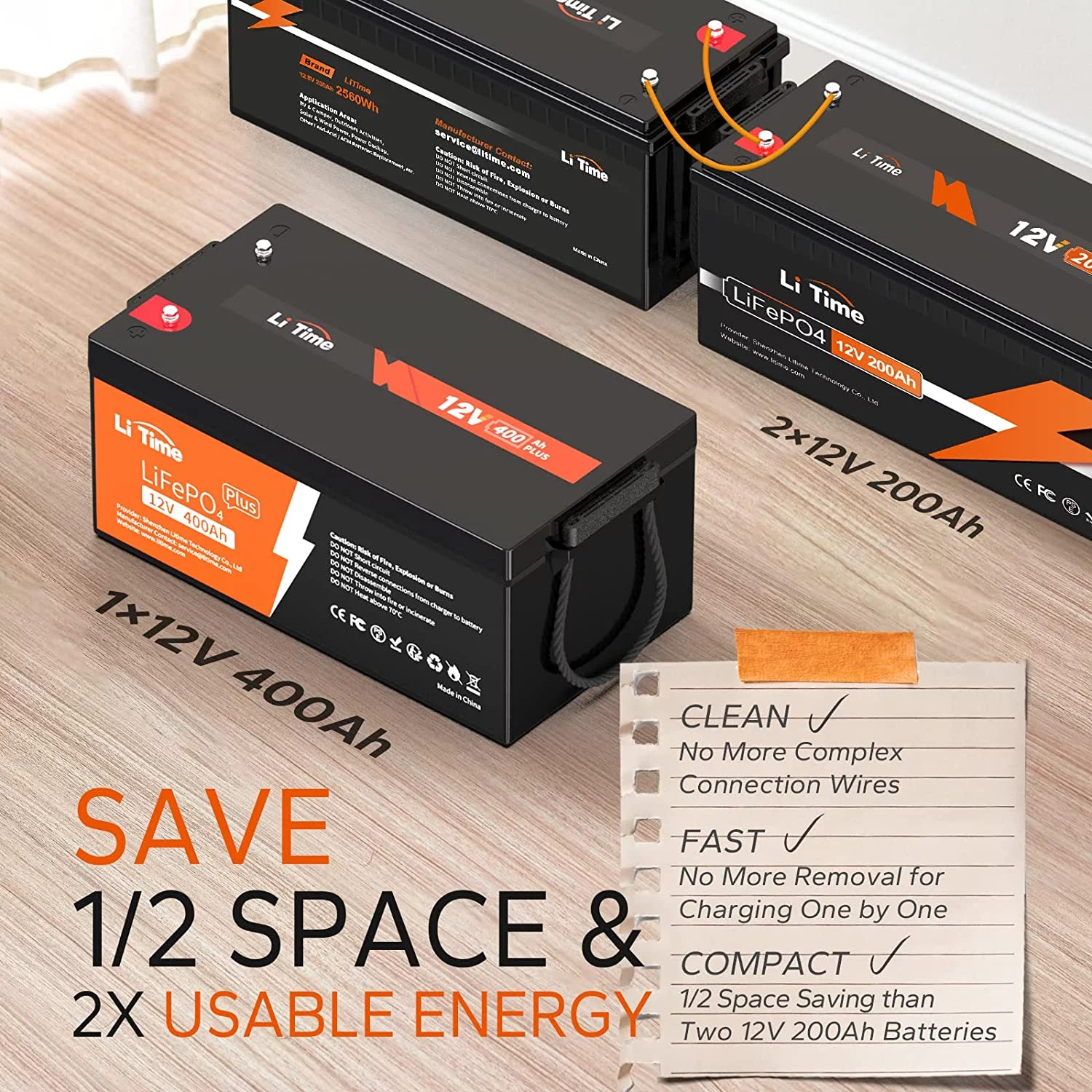 LiTime 12V 400Ah Lithium Battery, 3200W Max. Load Power LiFePO4 Battery with 250A BMS, 5120Wh Usable Energy for RV, Home Solar System