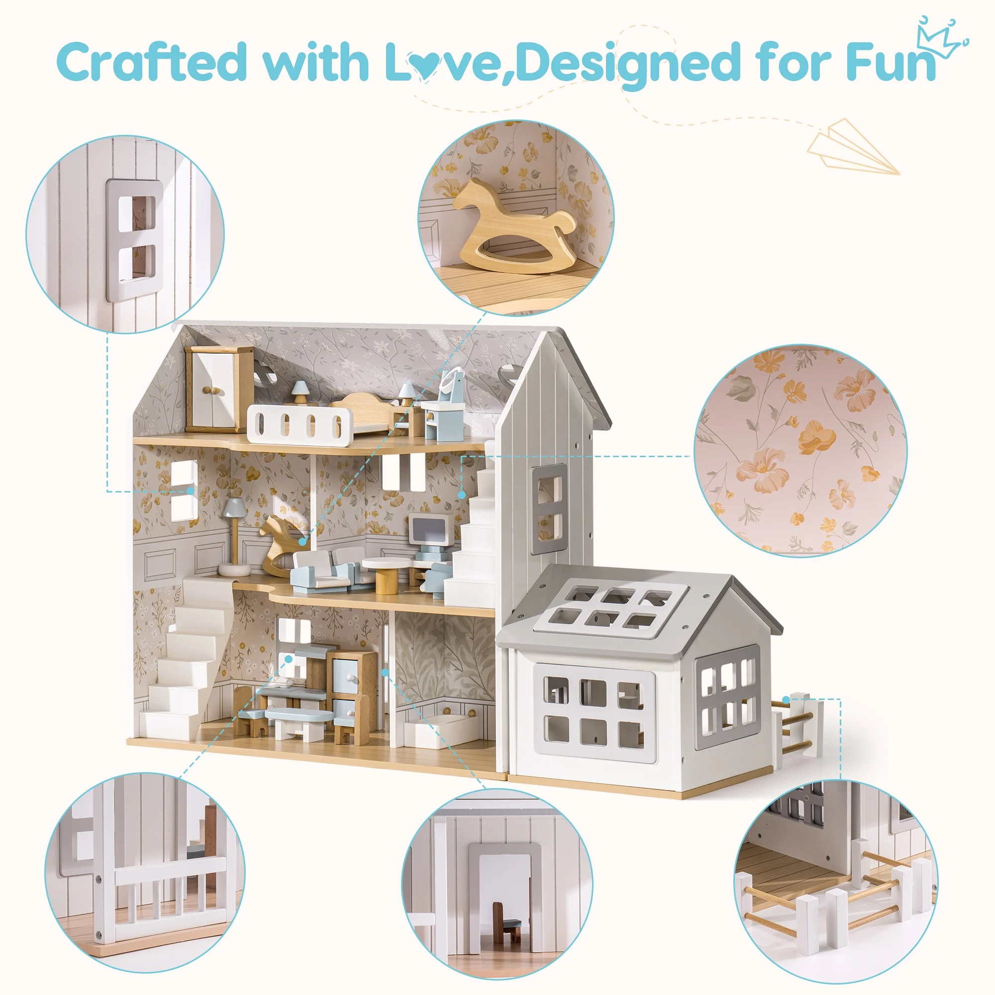 Robud Wooden Dollhouse Set with 25pcs Furniture,6-Room Doll Playhouse,Preschool Toy for Toddlers Kids Age 3+,Gray