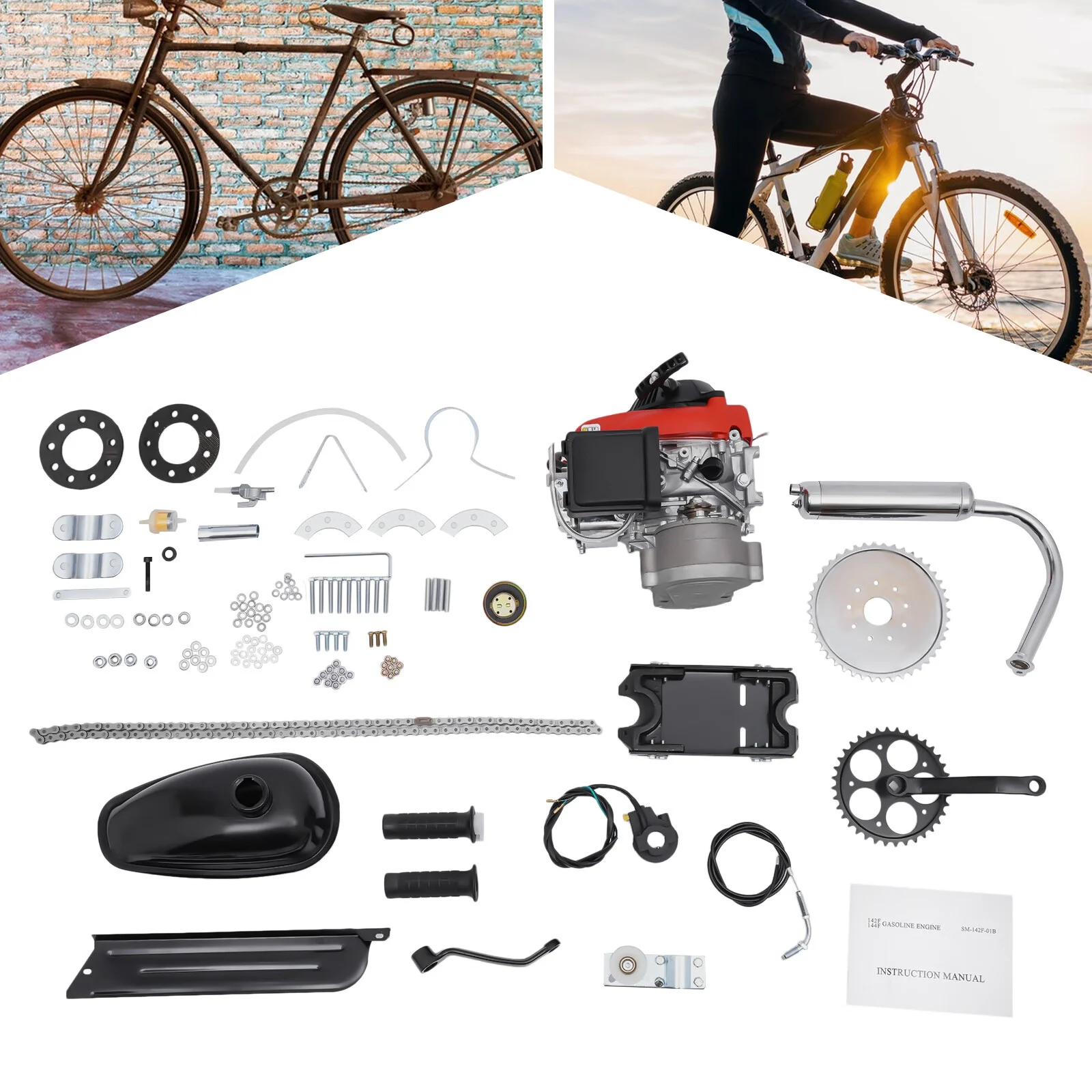 Anqidi Full Set 4-Stroke 53CC Bicycle Engine Kit Gas Motorized Bike Electric Bicycle Engine Motor Complete Kit Gasoline Powered Engine TCI Ignition 1.5KW 6800Rpm