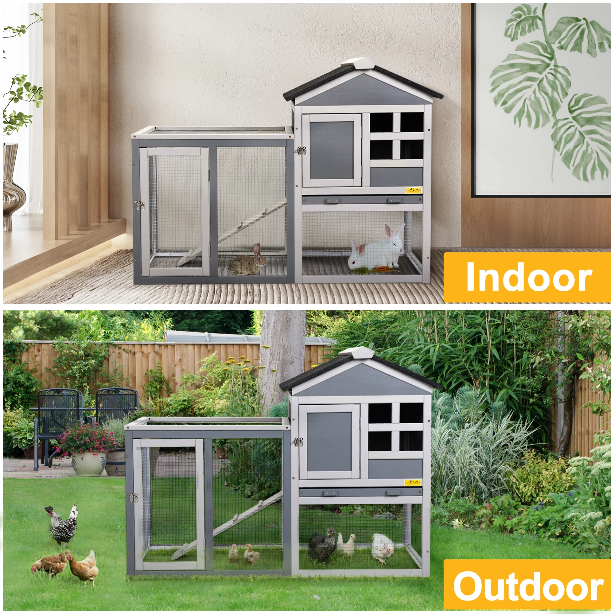 Coziwow Wooden Rabbit Hutch Small Animal Cage Guinea Pig Coop W/ Openable Roof, Gray