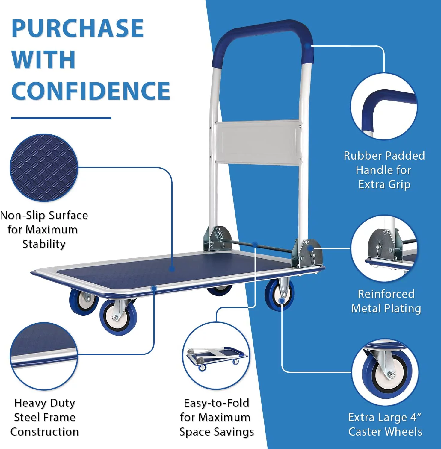 Extra Large Foldable Push Cart Dolly | 660 lbs. Capacity Moving Platform Hand Truck | Heavy Duty Space Saving Collapsible | Swivel Push Handle S Bed Wagon