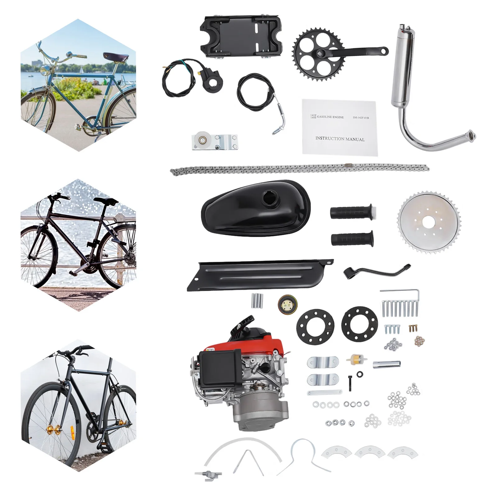 Anqidi Full Set 4-Stroke 53CC Bicycle Engine Kit Gas Motorized Bike Electric Bicycle Engine Motor Complete Kit Gasoline Powered Engine TCI Ignition 1.5KW 6800Rpm