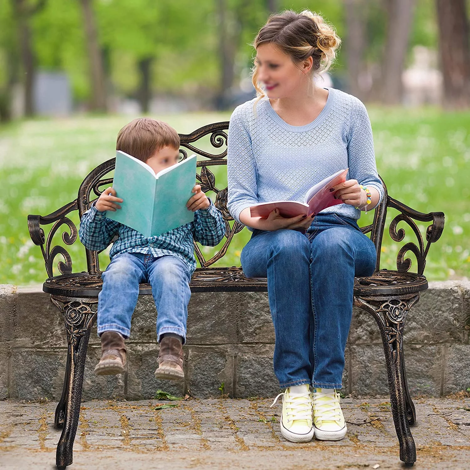 Outdoor Garden Bench Patio Park Bench, Aluminum Floral Rose Accented Antique Metal Bench Loveseat, Outdoor Yard Furniture