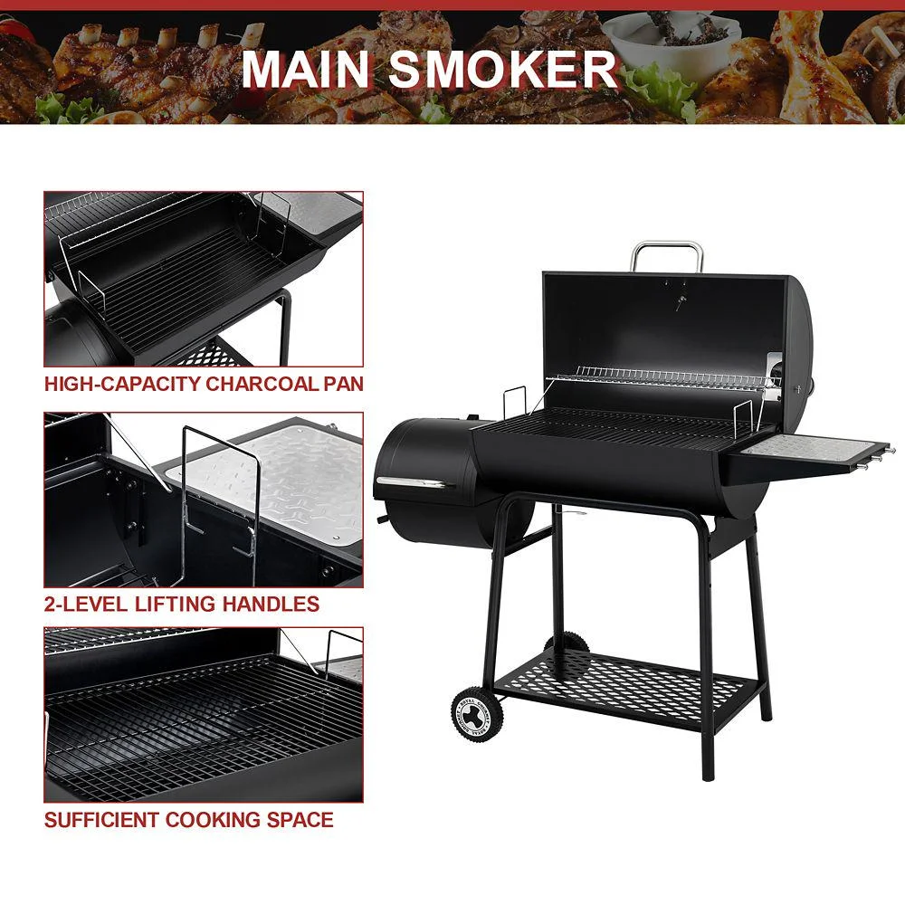 Royal Gourmet 30 in. Barrel Charcoal Grill with Offset Smoker and Bottom Shelf, 811 sq. in., Outdoor and Backyard Parties, CC1830M