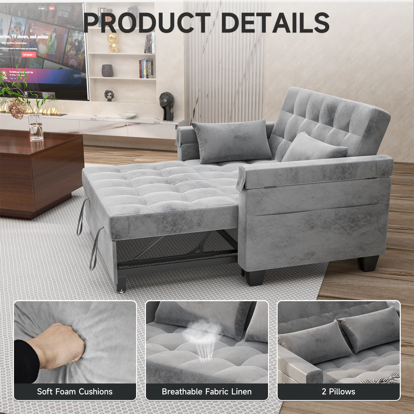 Belord 3-in-1 Convertible Pull Out Sleeper Sofa Bed with Storage Pockets and Side Table, Modern Velvet Loveseat Futon Couch with Adjsutable Backrest & 2 Pillows for Living Room, Bedroom, Grey