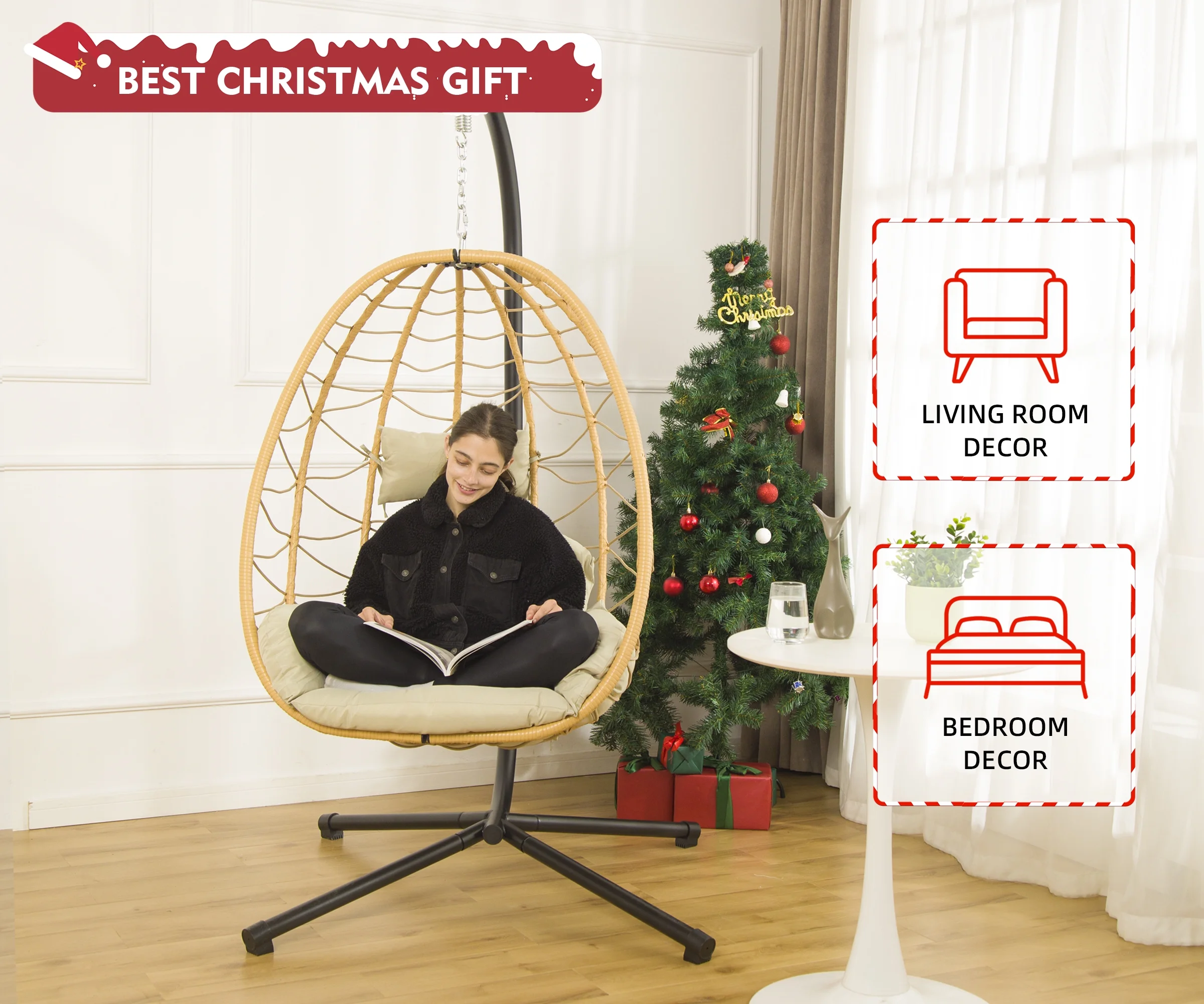 LHBcraft Indoor Outdoor Swing Egg Chair with Stand, Patio Wicker Hanging Egg Basket Chair with Soft Cushion UV Resistant 350LBS Capacity for Patio Backyard