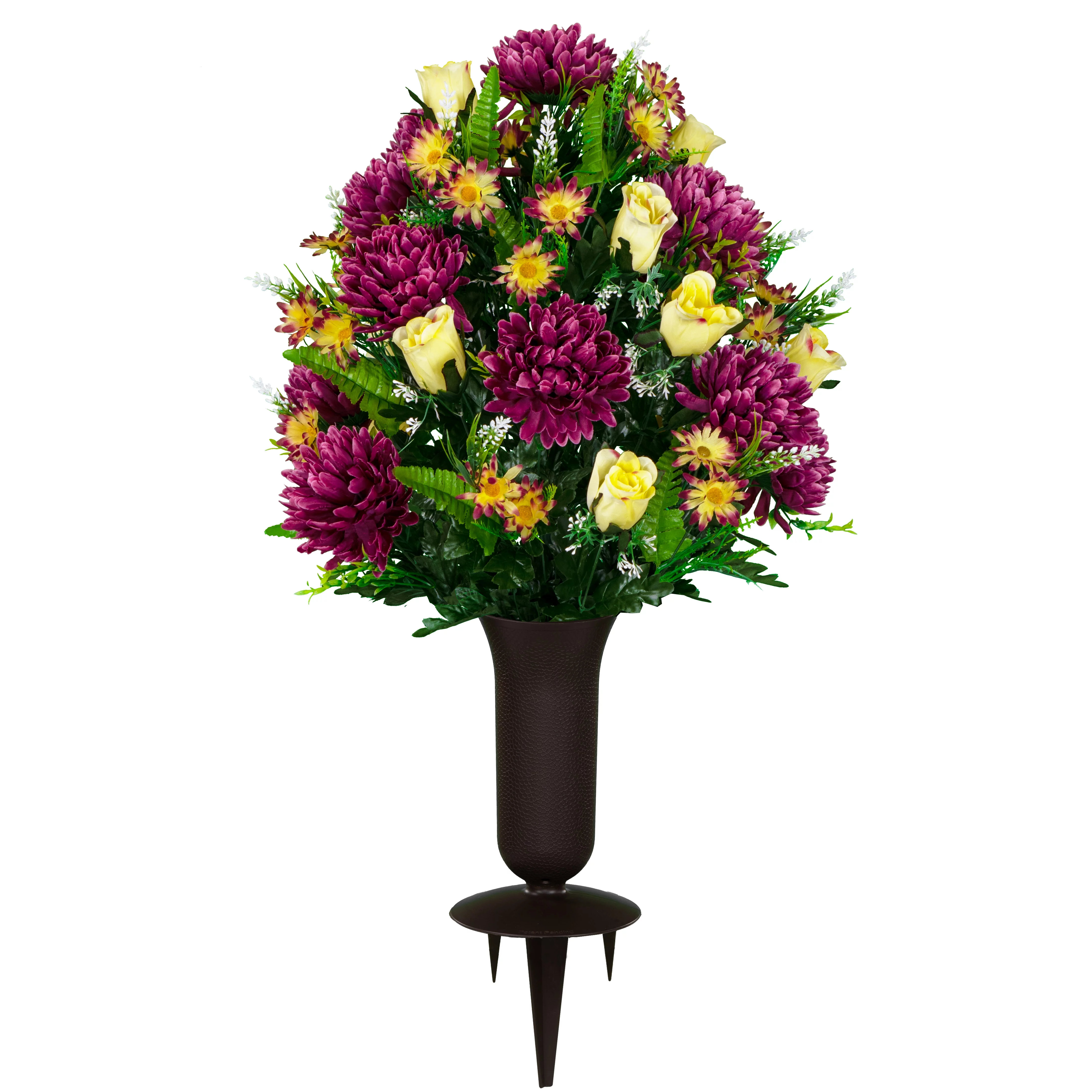 Sympathy Silks Artificial Cemetery Flowers Plum Mums and Cream Roses Bouquet with Vase