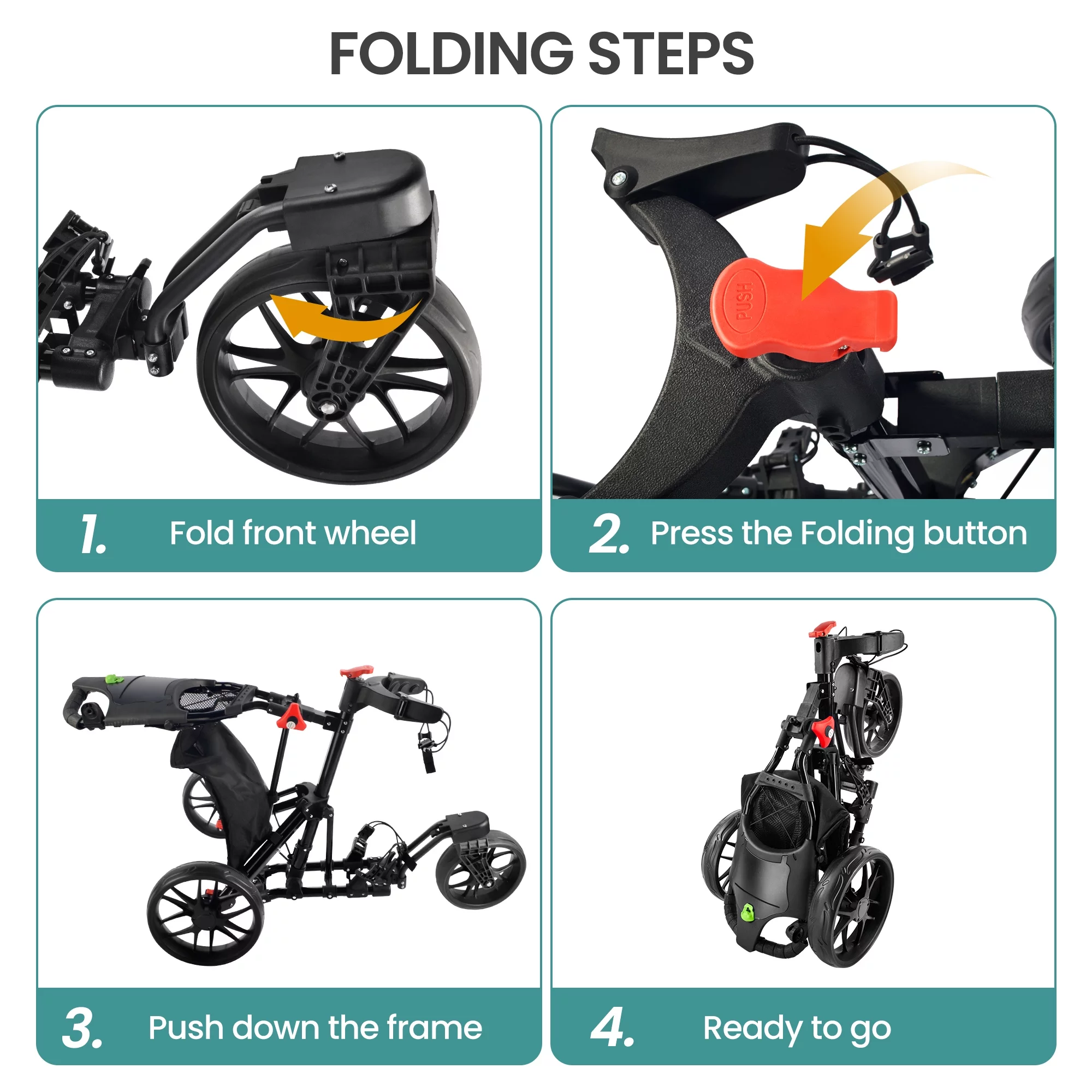 BOBOPRO Universal Wheel Golf Push Cart with Footbrake, Bottle Holder, Umbrella Stand, Cooler Bag,Balck