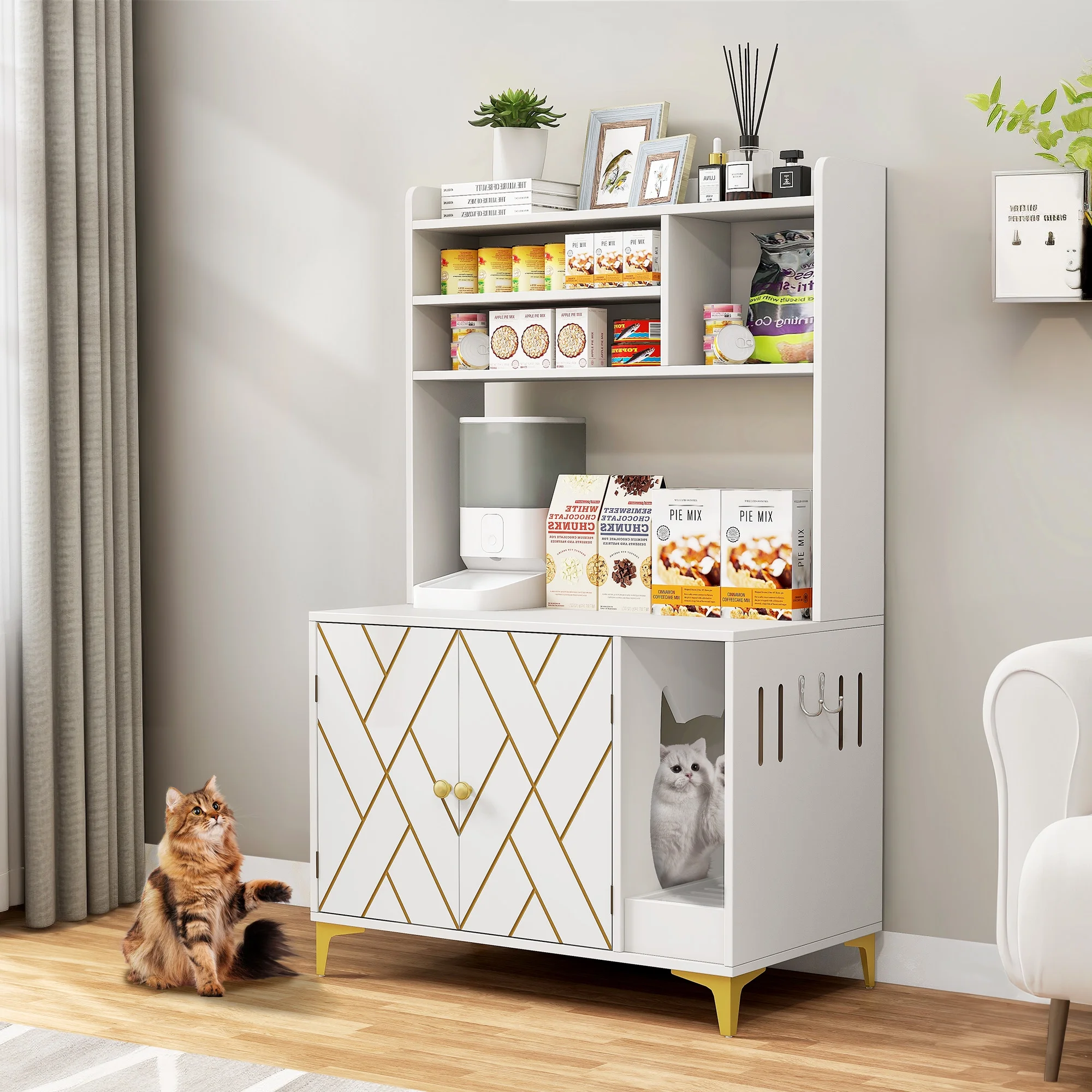 Dextrus Large Hidden Cat Litter Box Furniture With Charging Station and 3 Storage Shelves and Doors, Cat Litter Box Enclosure, Wood Cat Washroom Storage Indoor Cat House Furniture , White & Gold