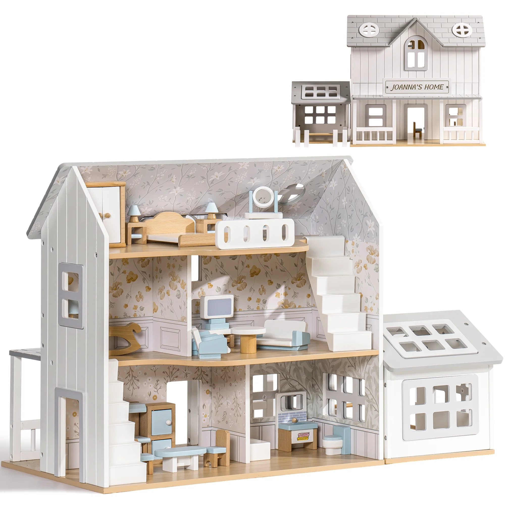 Robud Wooden Dollhouse Set with 25pcs Furniture,6-Room Doll Playhouse,Preschool Toy for Toddlers Kids Age 3+,Gray
