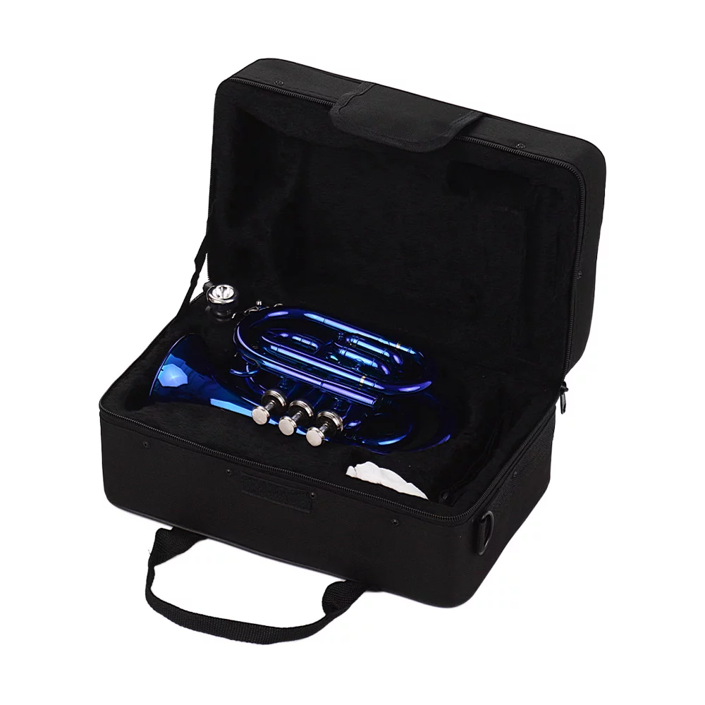 Muslady Mini Pocket Trumpet Bb Flat Brass Material Wind Instrument with Mouthpiece Gloves Cleaning Cloth Carrying Case