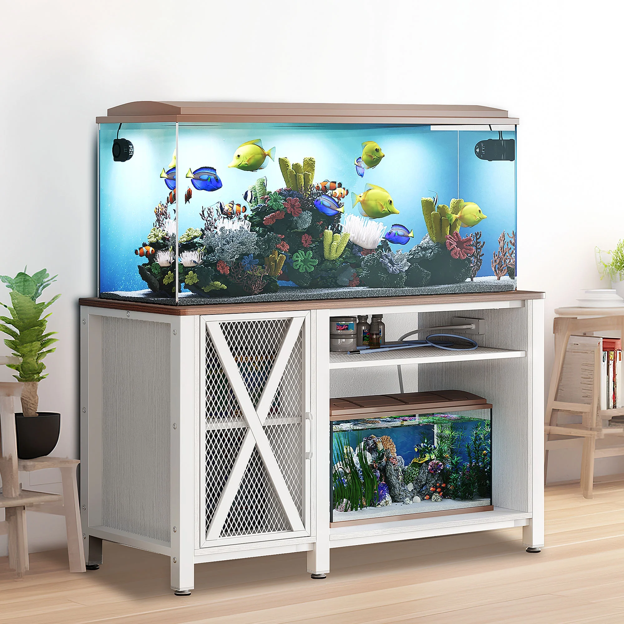 DWVO 55-75 Gallon Fish Tank Stand Heavy Duty Metal Aquarium Stand with Cabinet and Power Outlets, 865lbs Capacity - White