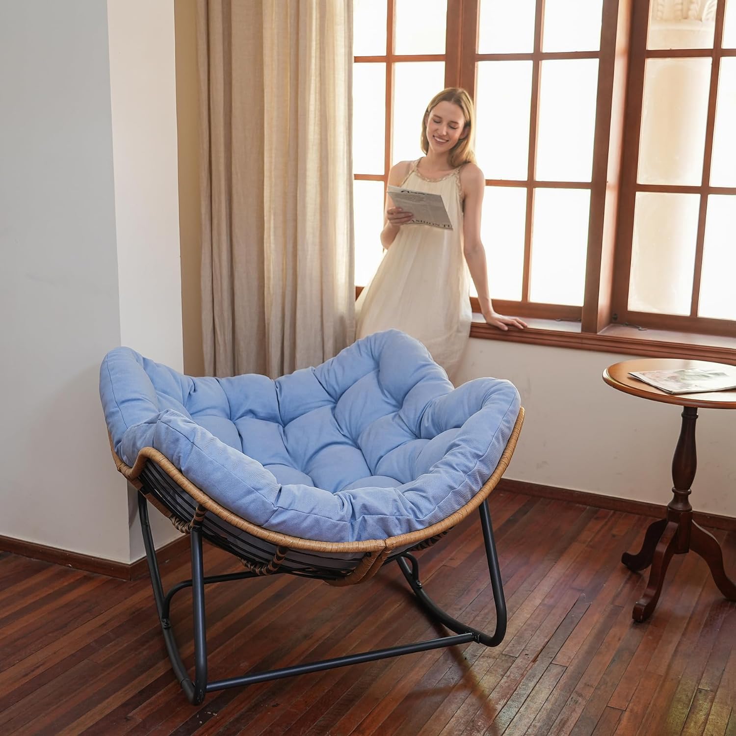 SWITTE Outdoor Rocking Chair, Patio Egg Rocking Chair, Indoor Papasan Chair, Rattan Wicker Lounge Chair, Modern Royal Chair for Bedroom, Living Room, Porch, Garden, Lawn-Blue