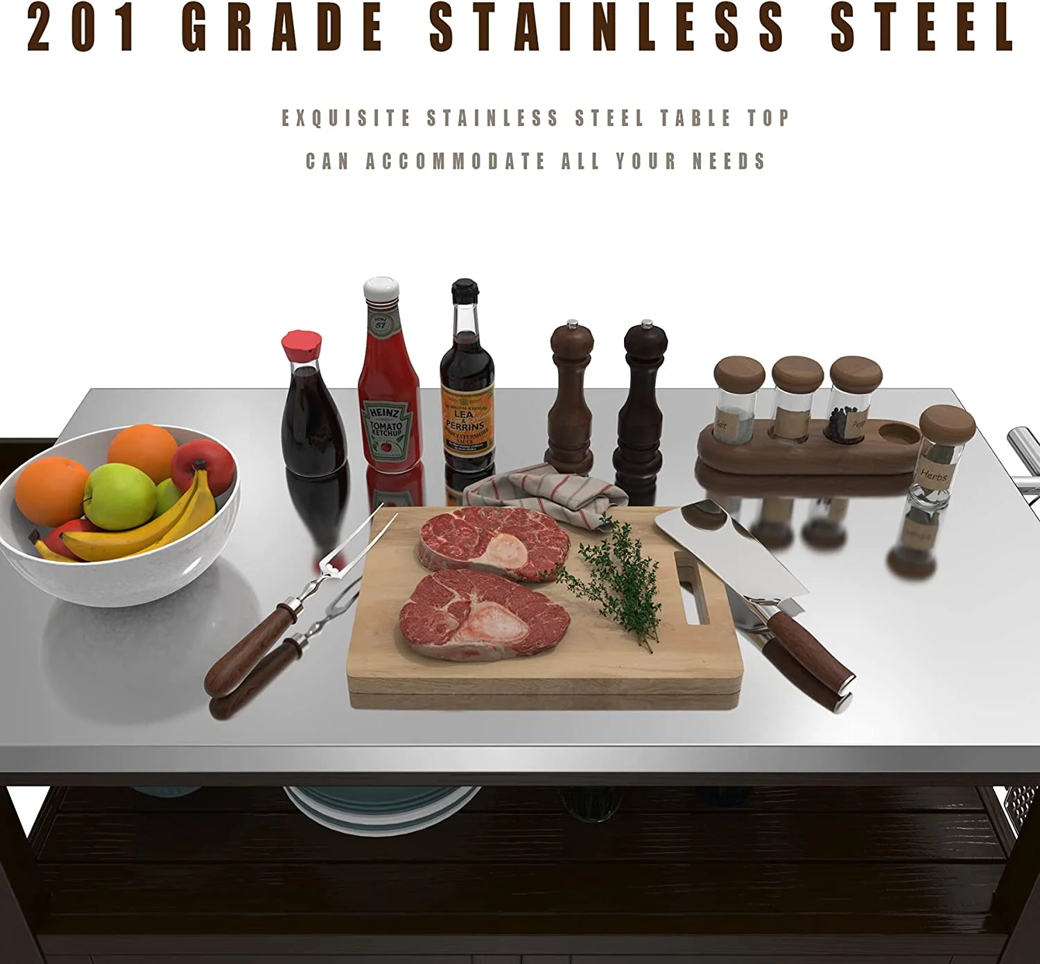 Outdoor Storage Cabinet Solid Wood Prep Grill Table with Stainless Steel Top Waterproof Cover Dark Brown