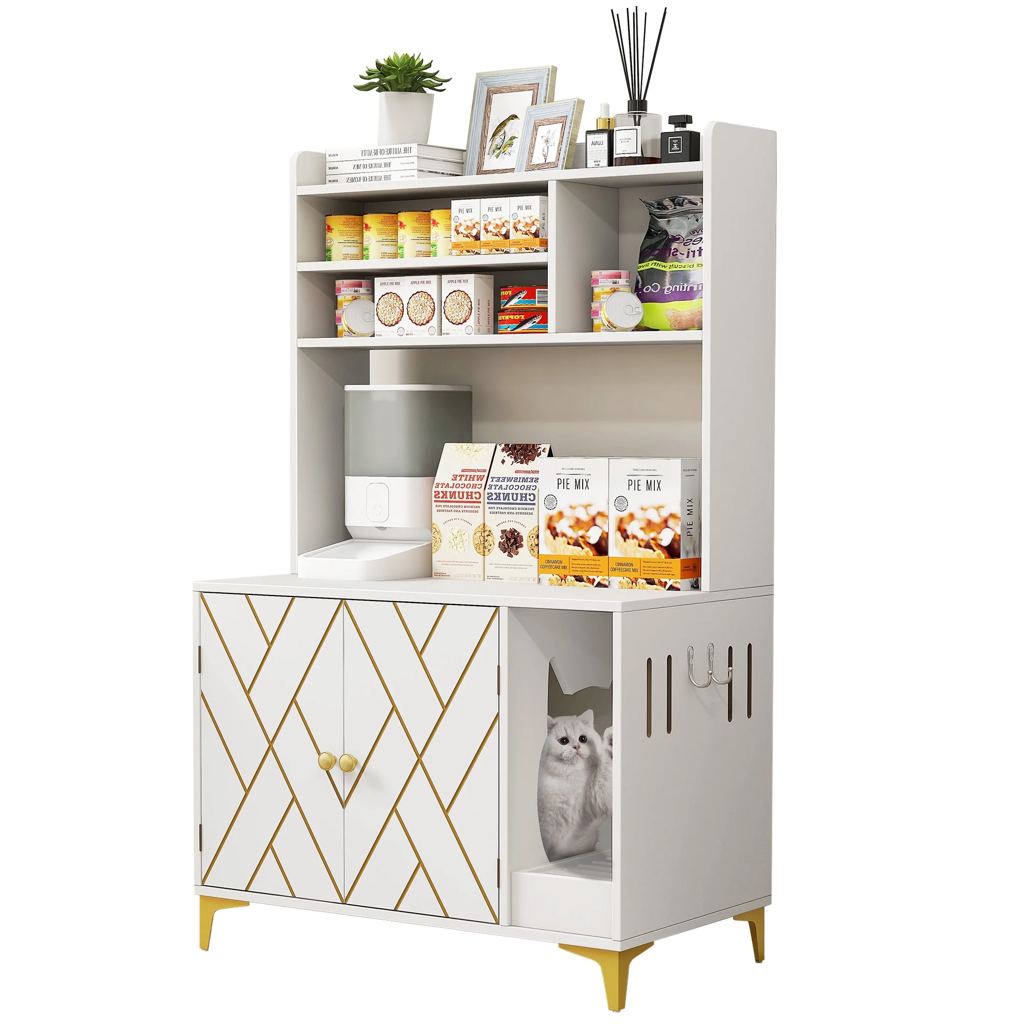 Dextrus Large Hidden Cat Litter Box Furniture With Charging Station and 3 Storage Shelves and Doors, Cat Litter Box Enclosure, Wood Cat Washroom Storage Indoor Cat House Furniture , White & Gold