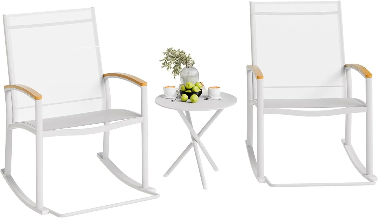 Shintenchi 3 Pieces Rocking Bistro Set Wicker Patio Outdoor Furniture, 2 Rattan Porch Chairs Conversation Sets with Glass Coffee Table (Beige)