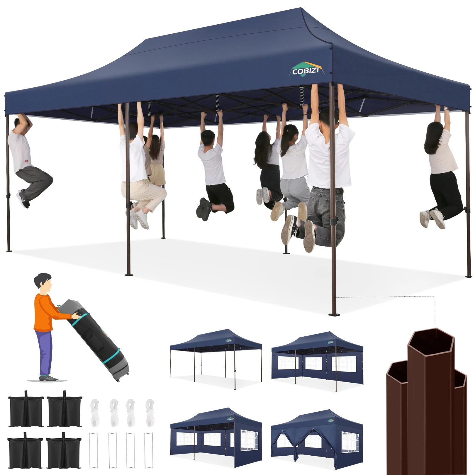 COBIZI 10x20 Pop Up Canopy Tent Heavy Duty with 6 Removable Sidewalls,Commercial Heavy Duty Pop Up Tent for Parties Waterproof and UV 50+ Wedding Tent with Roller Bag(Dark Blue)