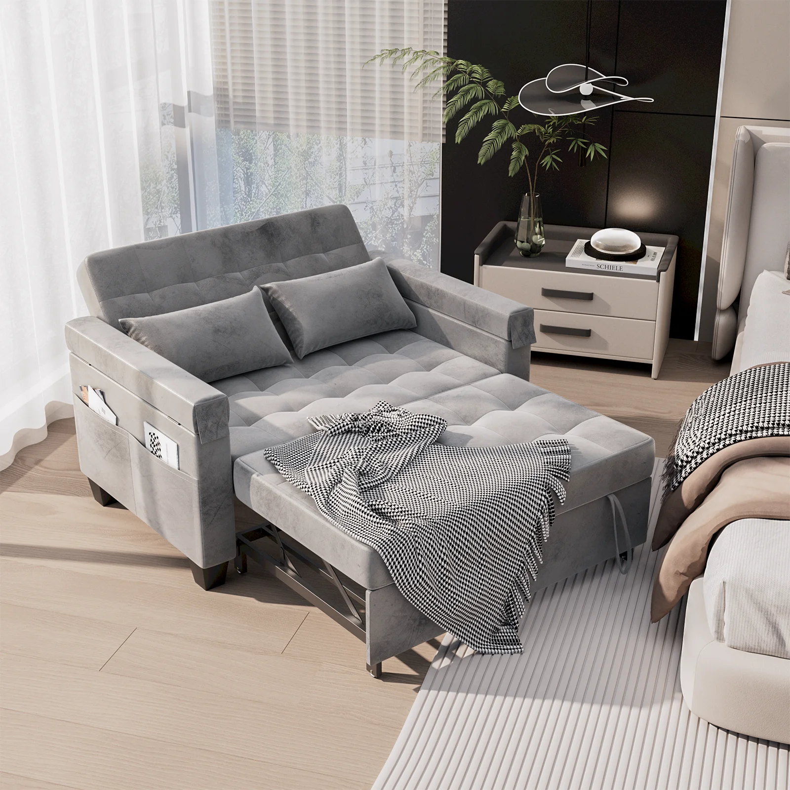 Belord 3-in-1 Convertible Pull Out Sleeper Sofa Bed with Storage Pockets and Side Table, Modern Velvet Loveseat Futon Couch with Adjsutable Backrest & 2 Pillows for Living Room, Bedroom, Grey