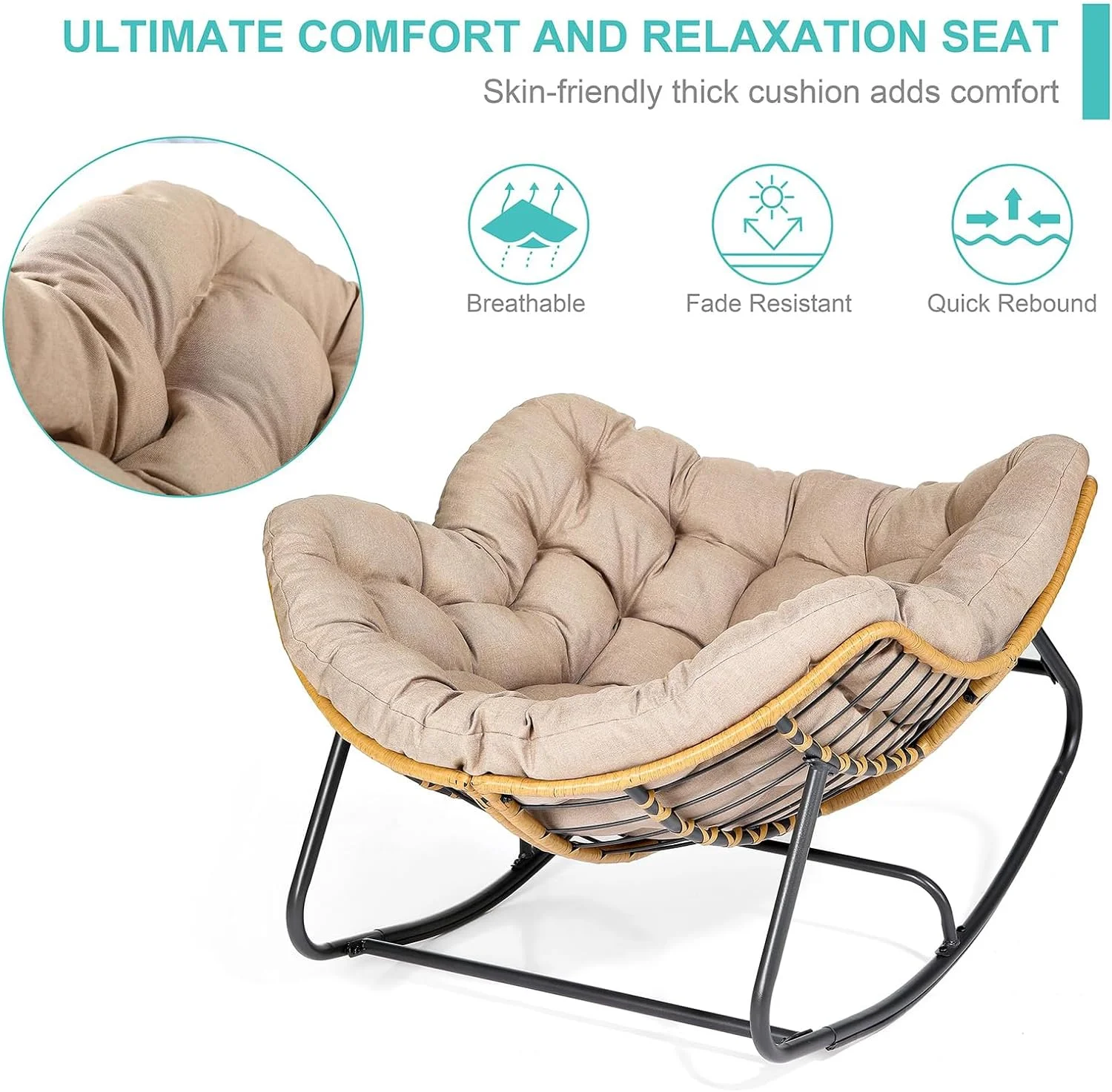 SWITTE Outdoor Rocking Chair, Patio Egg Rocking Chair, Indoor Papasan Chair, Rattan Wicker Lounge Chair, Modern Royal Chair for Bedroom, Living Room, Porch, Garden, Lawn-Blue