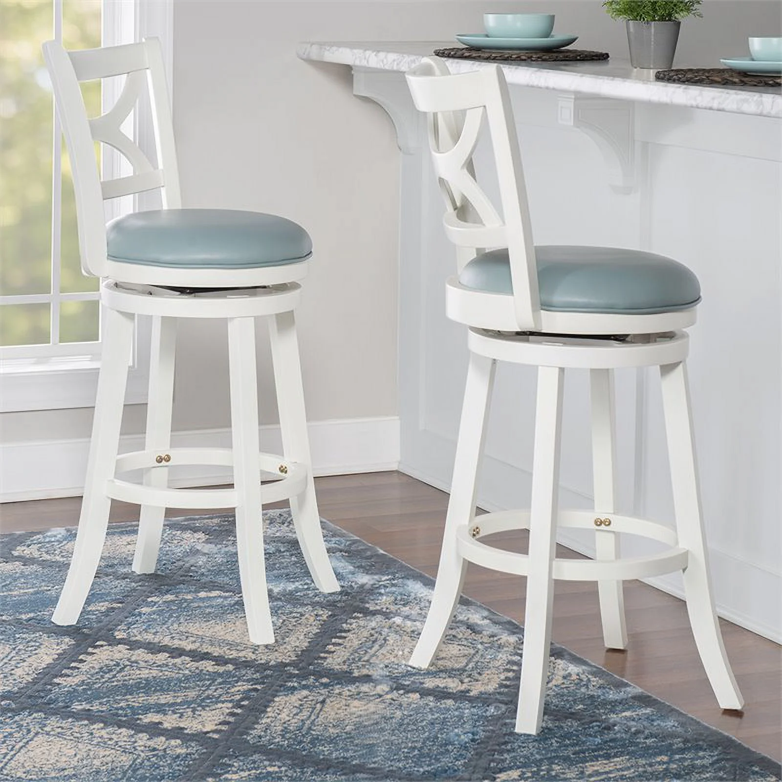 Home Square 3 Piece Swivel Wood Bar Stool Set with PU Seat in Cream