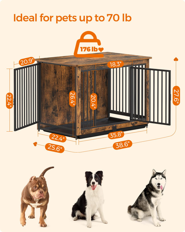 Dog Crate Furniture, 38 Inches Dog Kennel for Dogs up to 70 lb, with Removable Tray, Heavy-Duty Dog Cage End Table, Double Doors Dog House, Rustic Brown