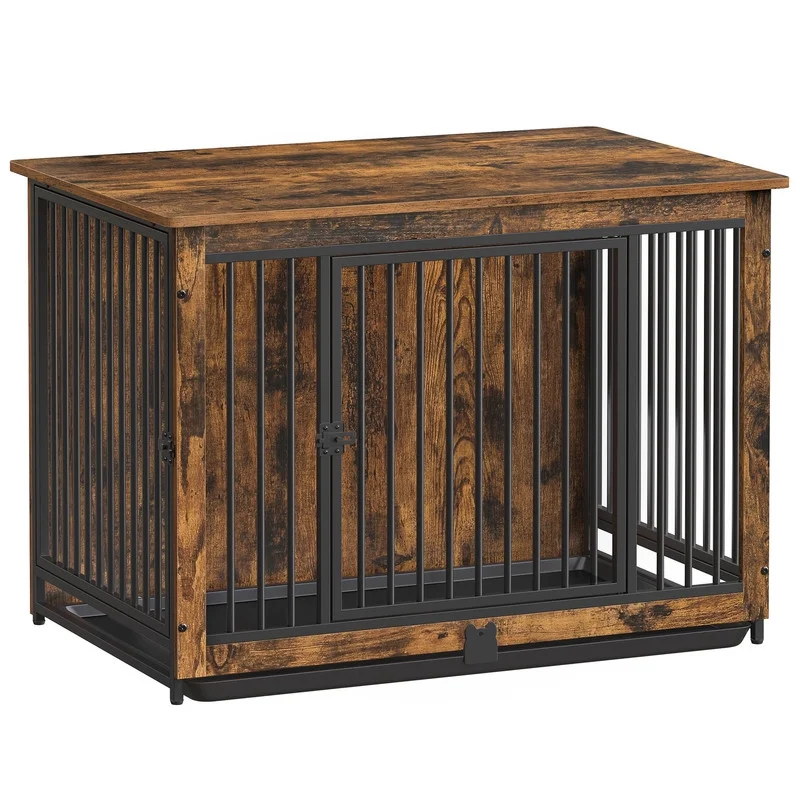 Dog Crate Furniture, 38 Inches Dog Kennel for Dogs up to 70 lb, with Removable Tray, Heavy-Duty Dog Cage End Table, Double Doors Dog House, Rustic Brown