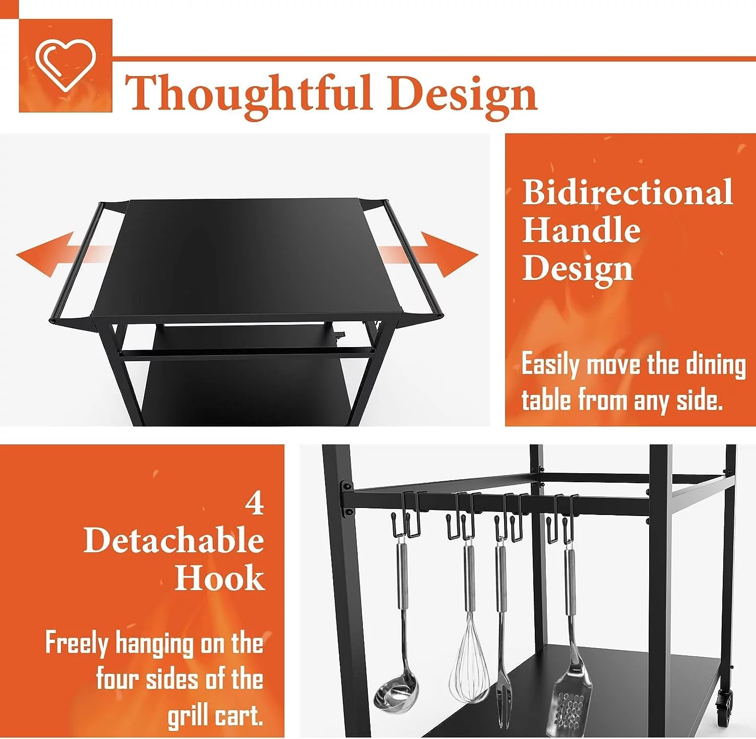 RAXSINYER Movable Grill Table, Double-Shelf Outdoor BBQ Grill Cart, Rolling Kitchen Dining Cart, Black