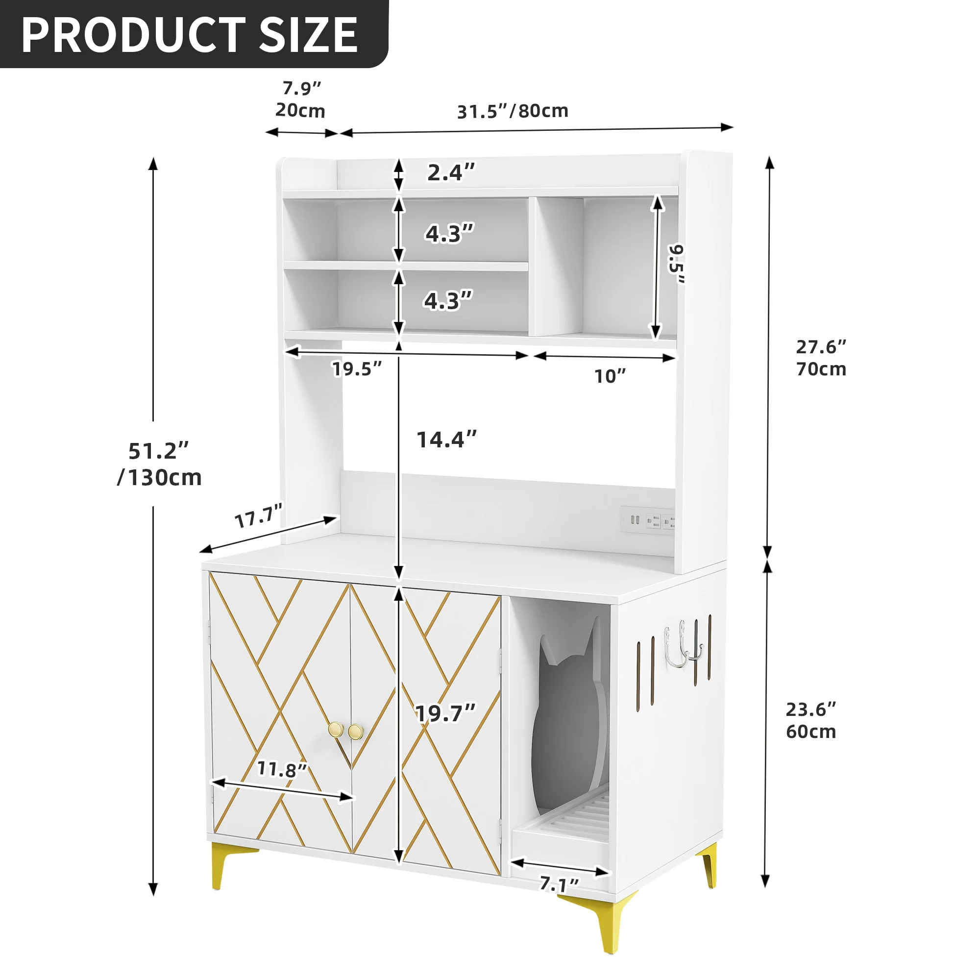 Dextrus Large Hidden Cat Litter Box Furniture With Charging Station and 3 Storage Shelves and Doors, Cat Litter Box Enclosure, Wood Cat Washroom Storage Indoor Cat House Furniture , White & Gold