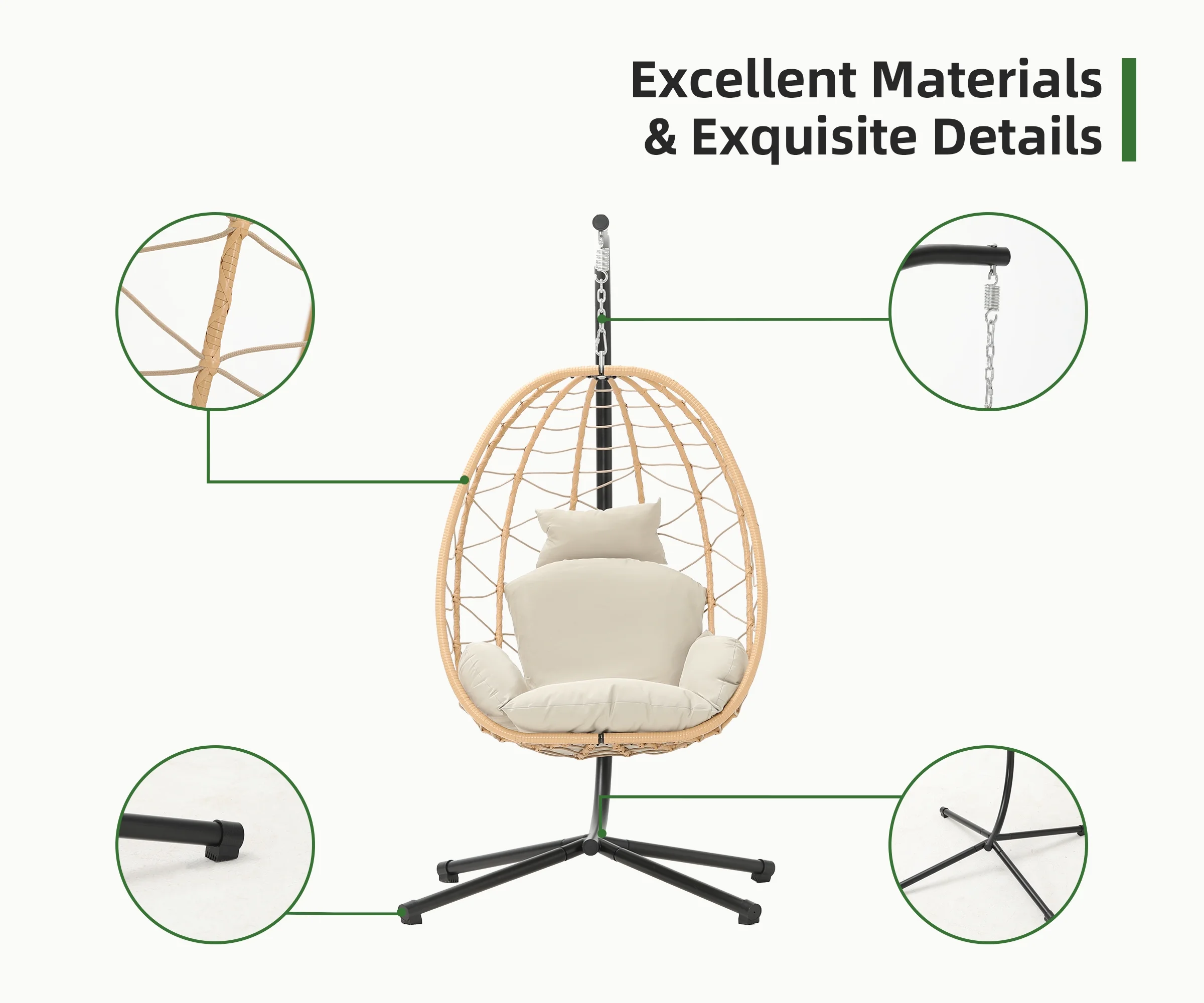 LHBcraft Indoor Outdoor Swing Egg Chair with Stand, Patio Wicker Hanging Egg Basket Chair with Soft Cushion UV Resistant 350LBS Capacity for Patio Backyard