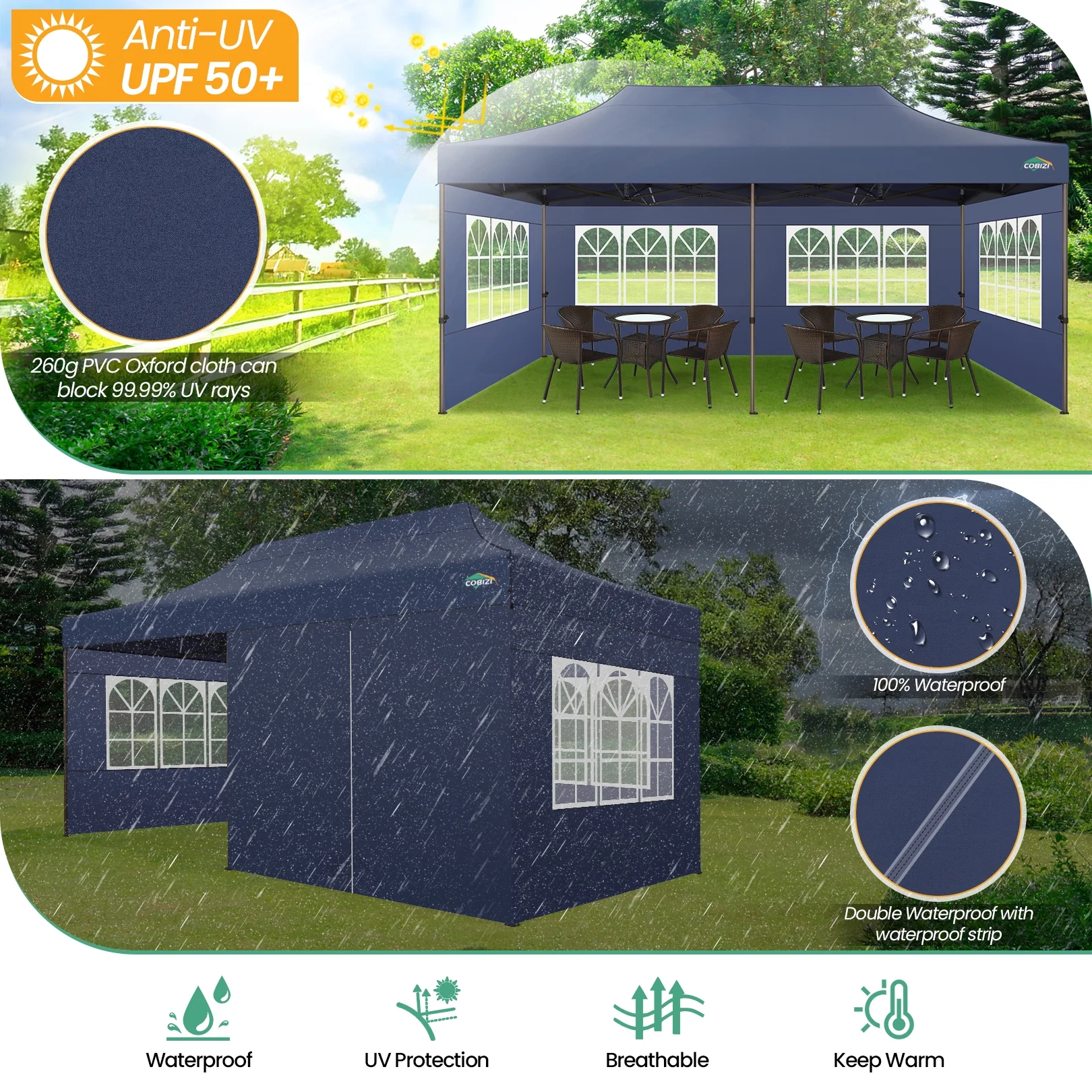 COBIZI 10x20 Pop Up Canopy Tent Heavy Duty with 6 Removable Sidewalls,Commercial Heavy Duty Pop Up Tent for Parties Waterproof and UV 50+ Wedding Tent with Roller Bag(Dark Blue)