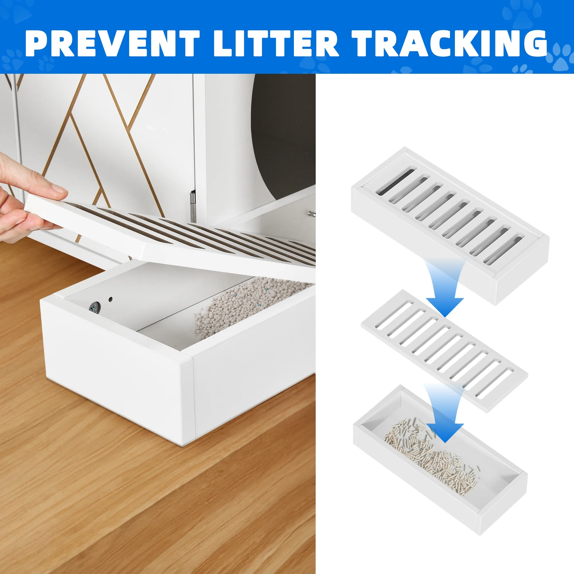 Dextrus Large Hidden Cat Litter Box Furniture With Charging Station and 3 Storage Shelves and Doors, Cat Litter Box Enclosure, Wood Cat Washroom Storage Indoor Cat House Furniture , White & Gold